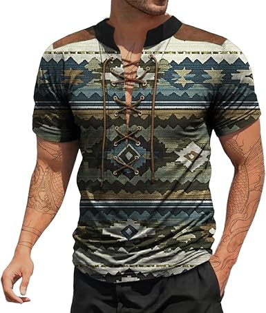 domirica Mens Western Print Lace Up Short Sleeve Shirts