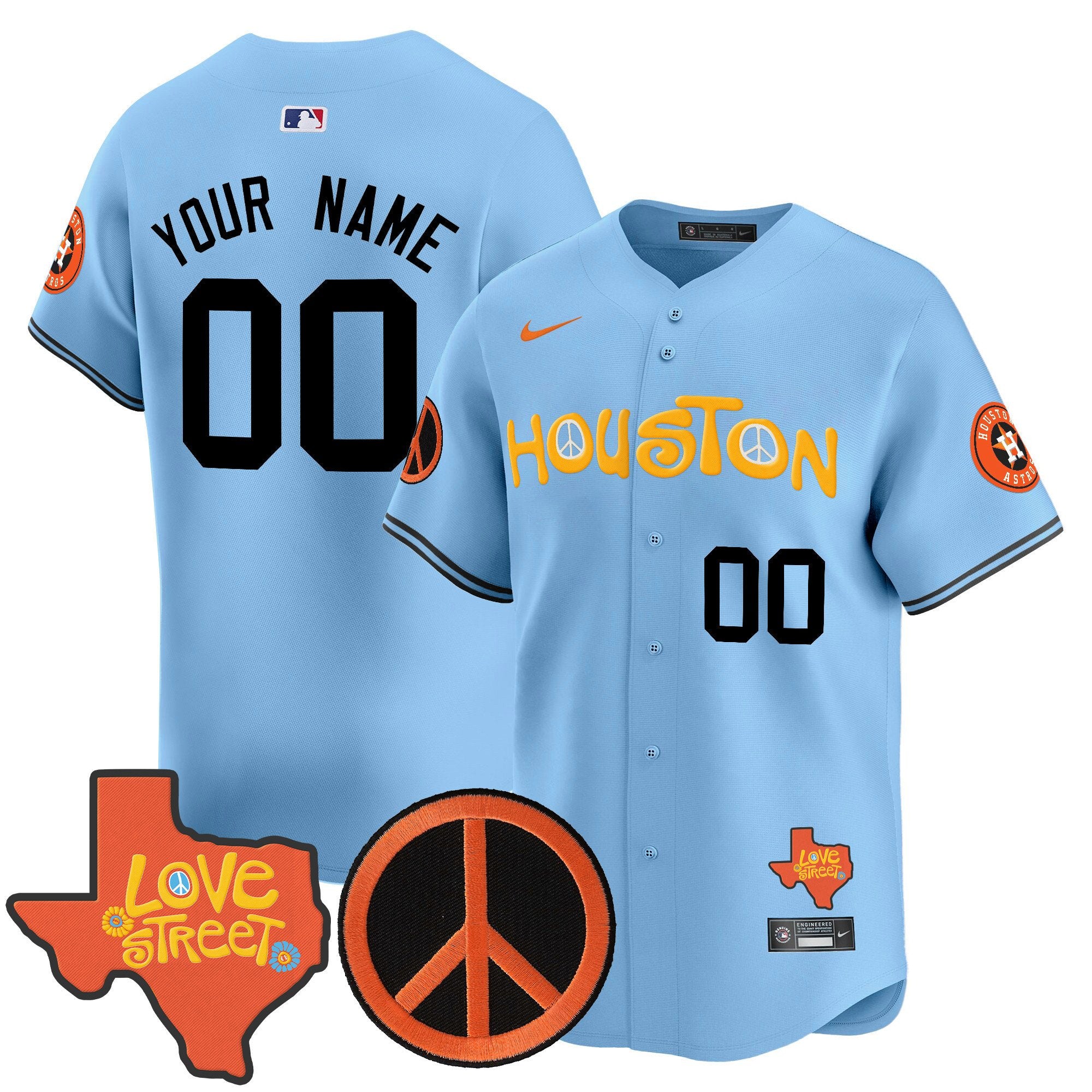 Astros Love Street & Peace Sign Patch Vapor Premier Limited Custom Jersey V2 - All Stitched - Men, Light Blue