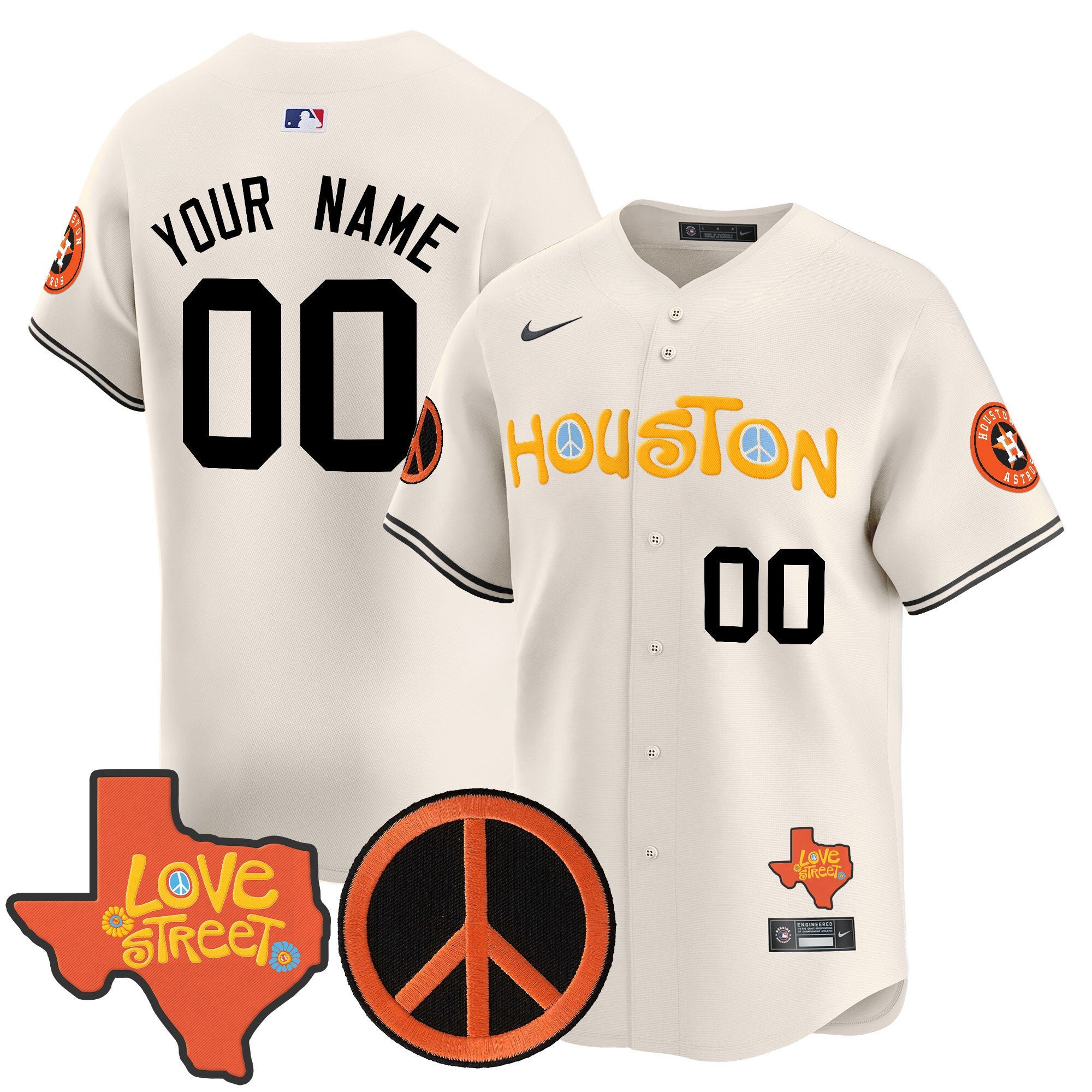 Astros Love Street & Peace Sign Patch Vapor Premier Limited Custom Jersey V2 - All Stitched - Men, Cream