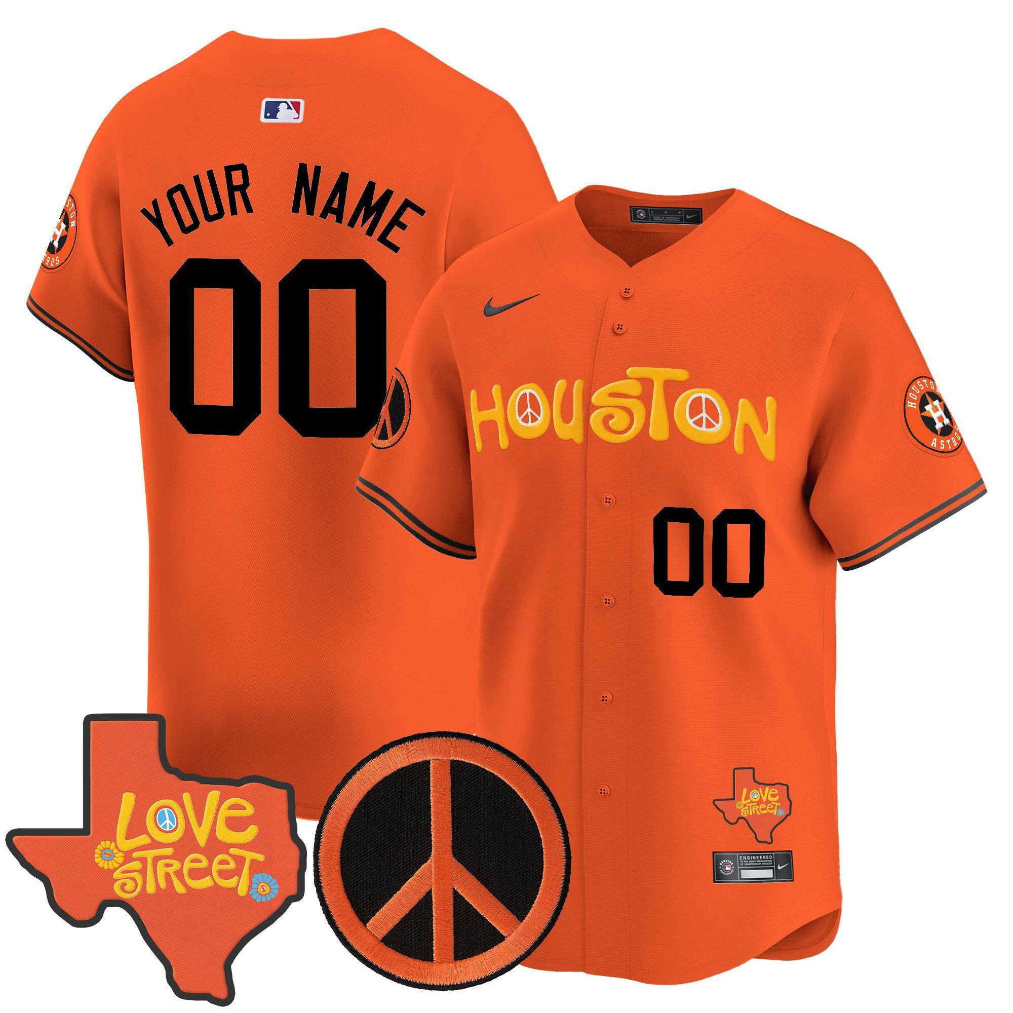 Astros Love Street & Peace Sign Patch Vapor Premier Limited Custom Jersey V2 - All Stitched - Men, Orange