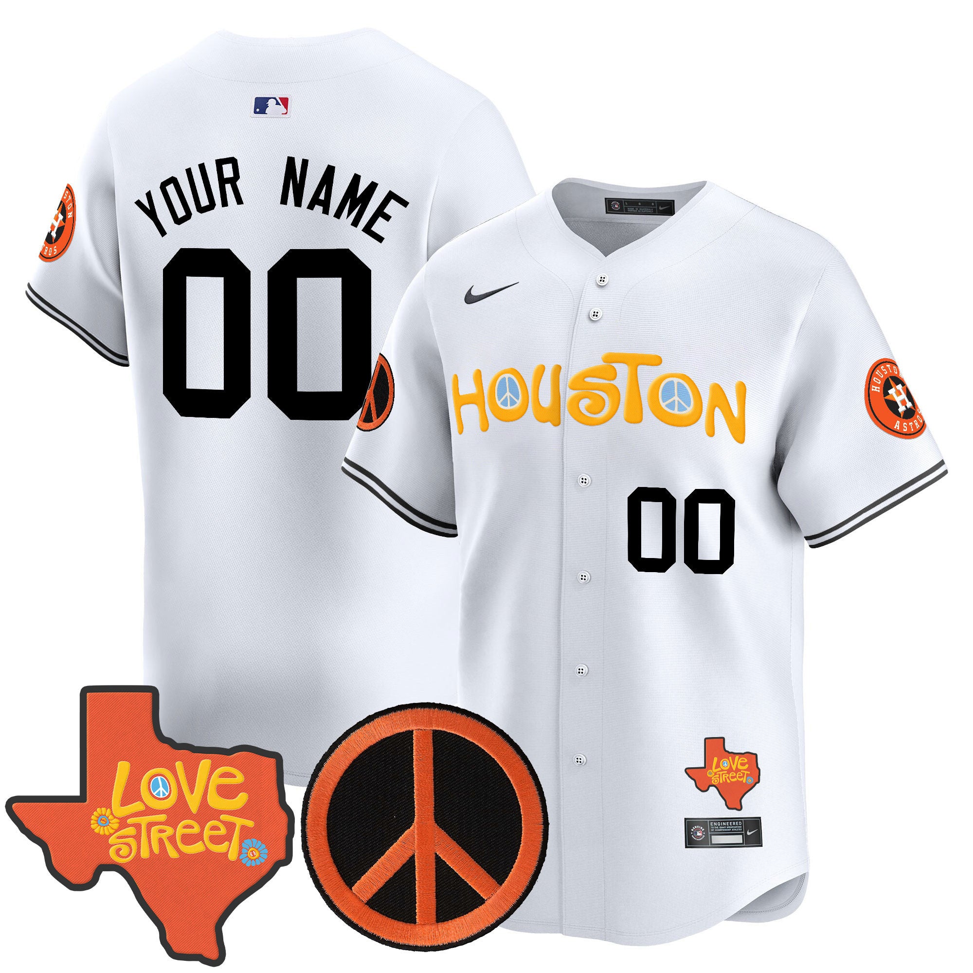 Astros Love Street & Peace Sign Patch Vapor Premier Limited Custom Jersey V2 - All Stitched - Men, White