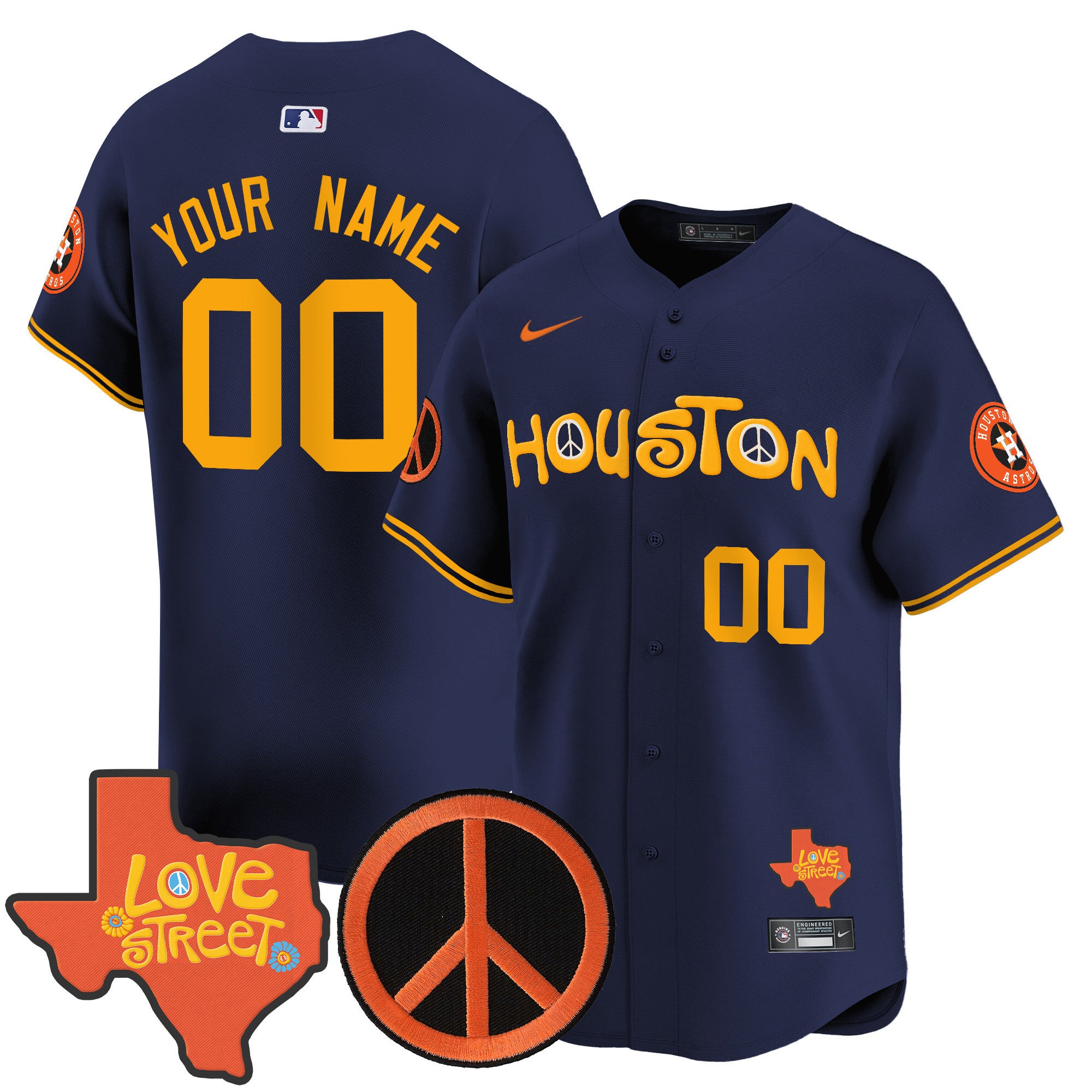 Astros Love Street & Peace Sign Patch Vapor Premier Limited Custom Jersey V2 - All Stitched - Men, Navy