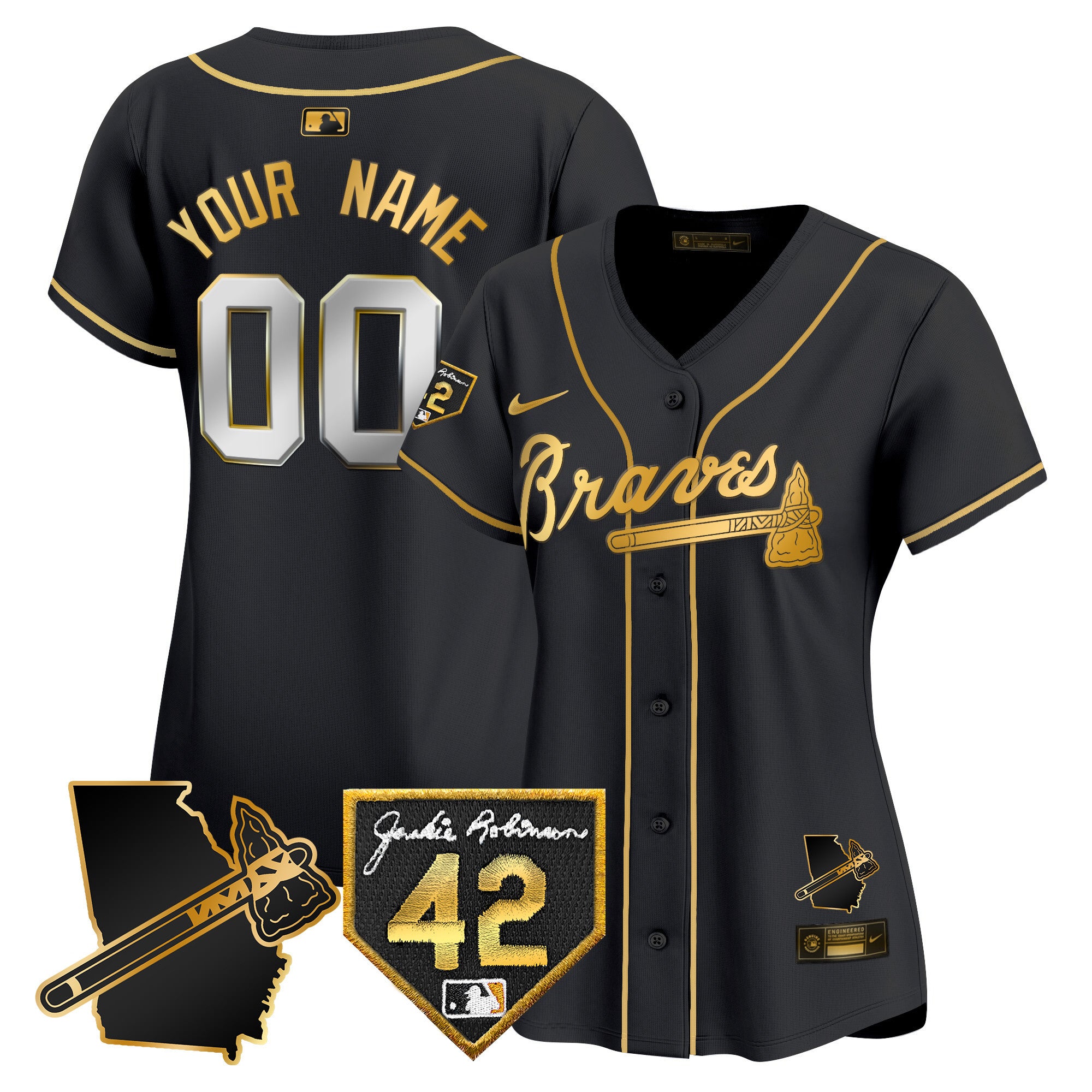 Atlanta Braves 2024 Robinson & Georgia Patch Vapor Premier Limited Custom Jersey - All Stitched - Women, Black Gold