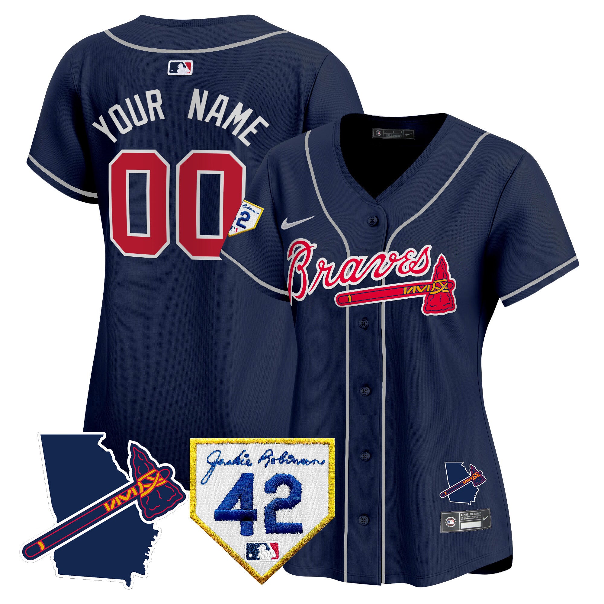 Atlanta Braves 2024 Robinson & Georgia Patch Vapor Premier Limited Custom Jersey - All Stitched - Women, Navy