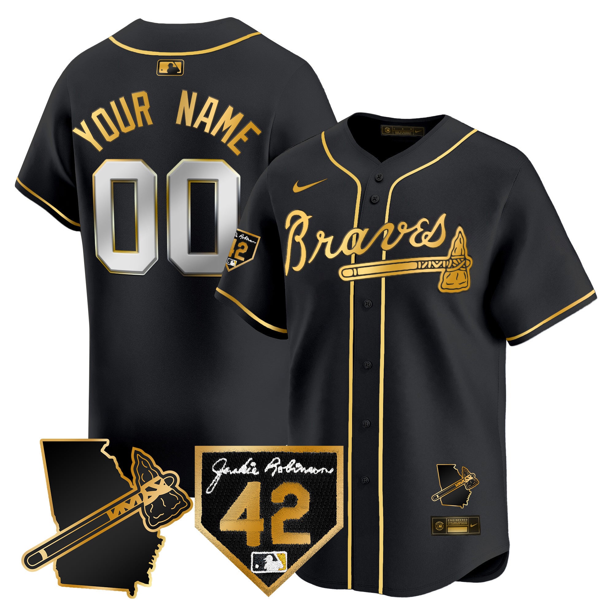 Atlanta Braves 2024 Robinson & Georgia Patch Vapor Premier Limited Custom Jersey - All Stitched - Men, Black Gold
