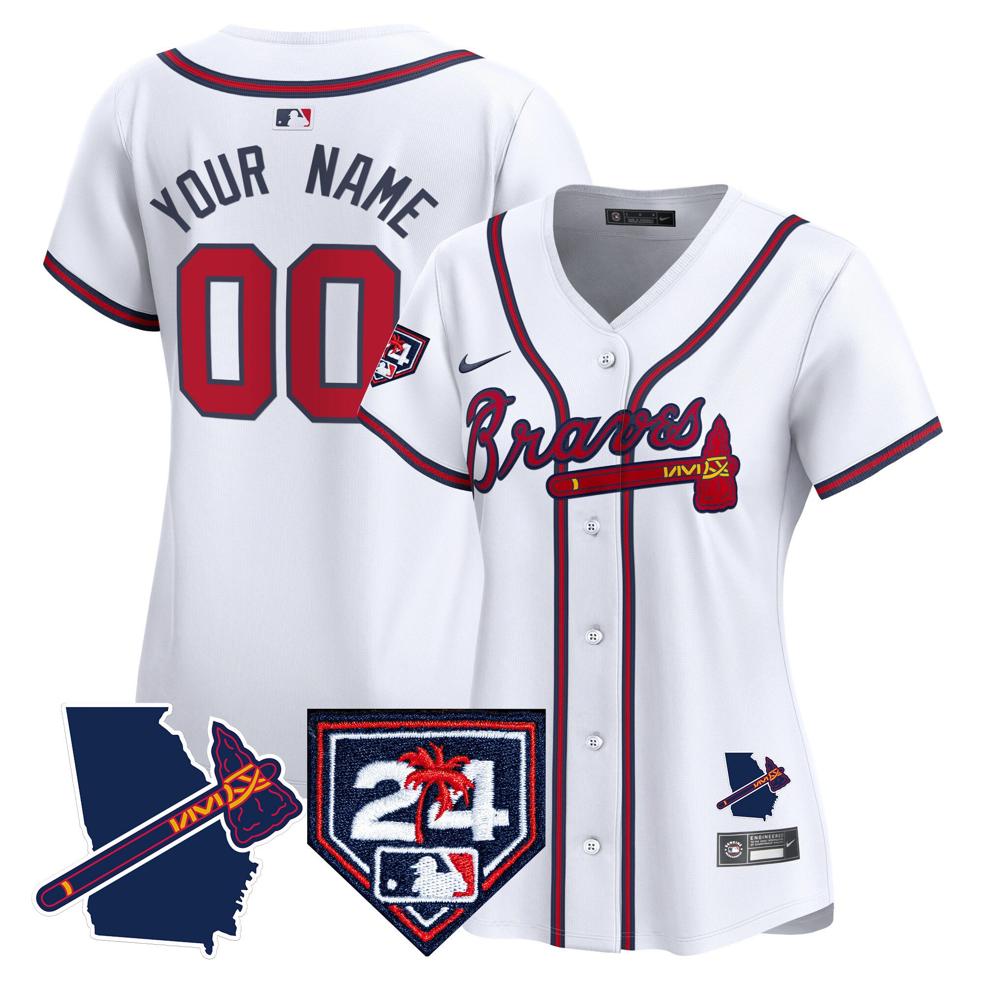 Atlanta Braves 2024 Spring Training & Georgia Patch Vapor Premier Elite Custom Jersey - All Stitched - Women, White