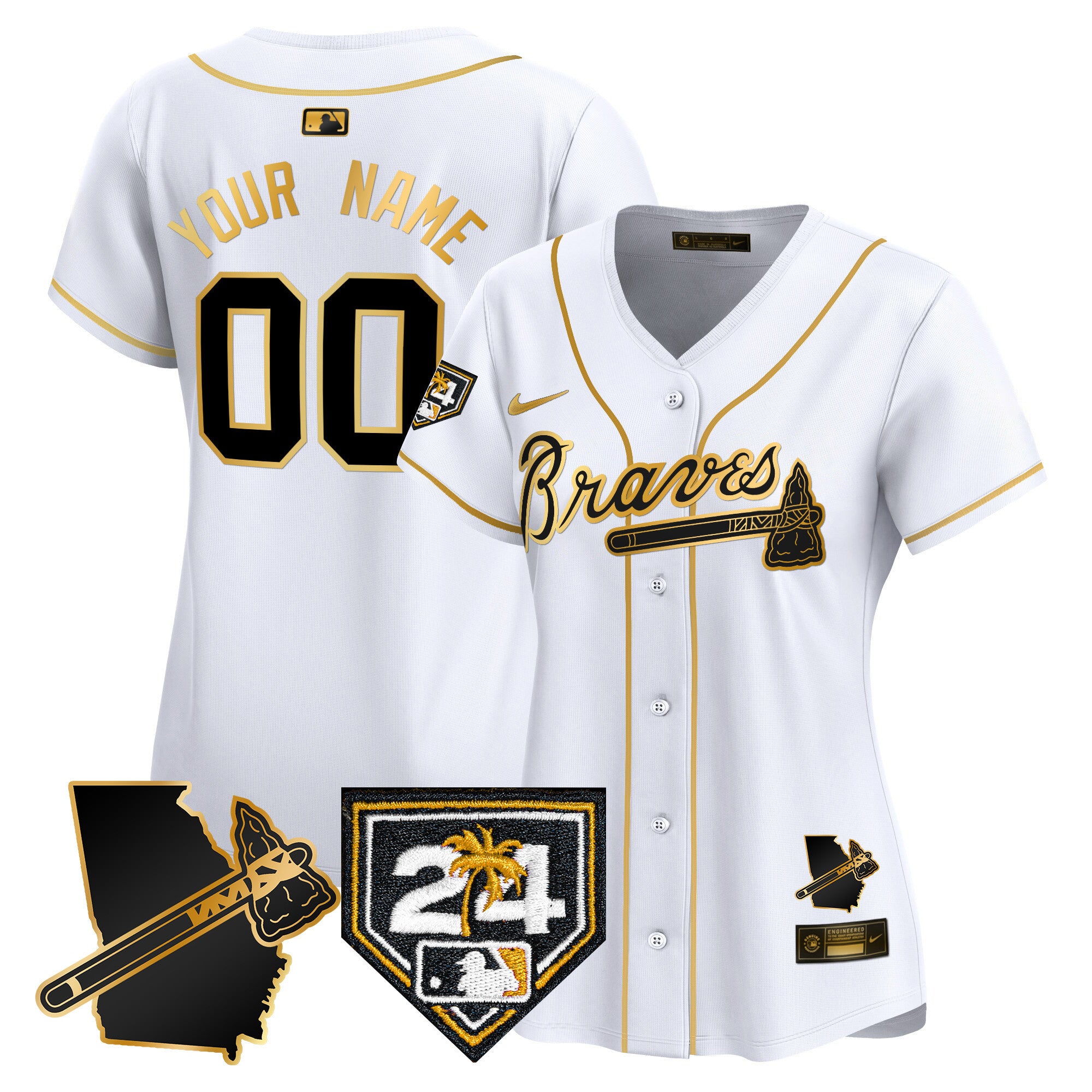 Atlanta Braves 2024 Spring Training & Georgia Patch Vapor Premier Elite Custom Jersey - All Stitched - Women, White Gold