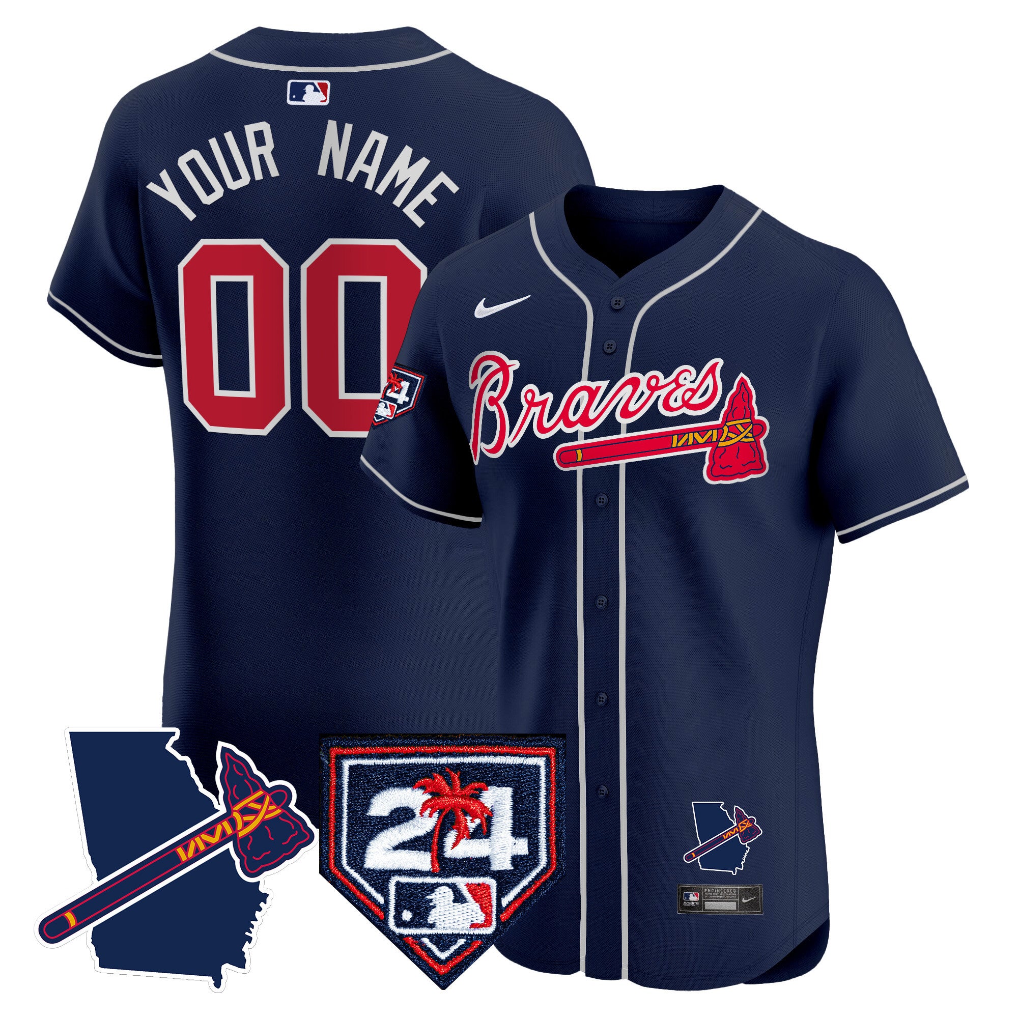 Atlanta Braves 2024 Spring Training & Georgia Patch Vapor Premier Elite Custom Jersey - All Stitched - Men, Navy