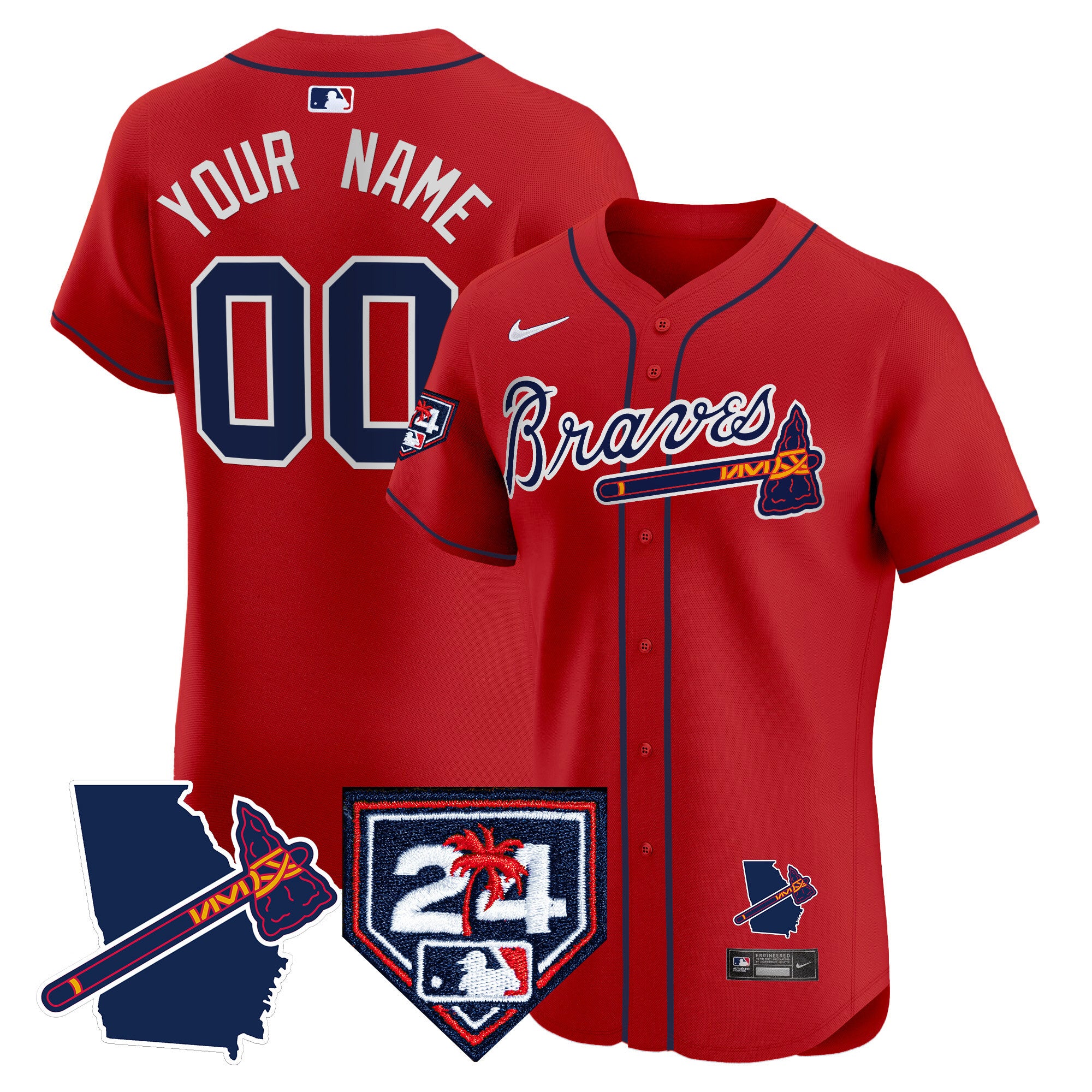 Atlanta Braves 2024 Spring Training & Georgia Patch Vapor Premier Elite Custom Jersey - All Stitched - Men, Red
