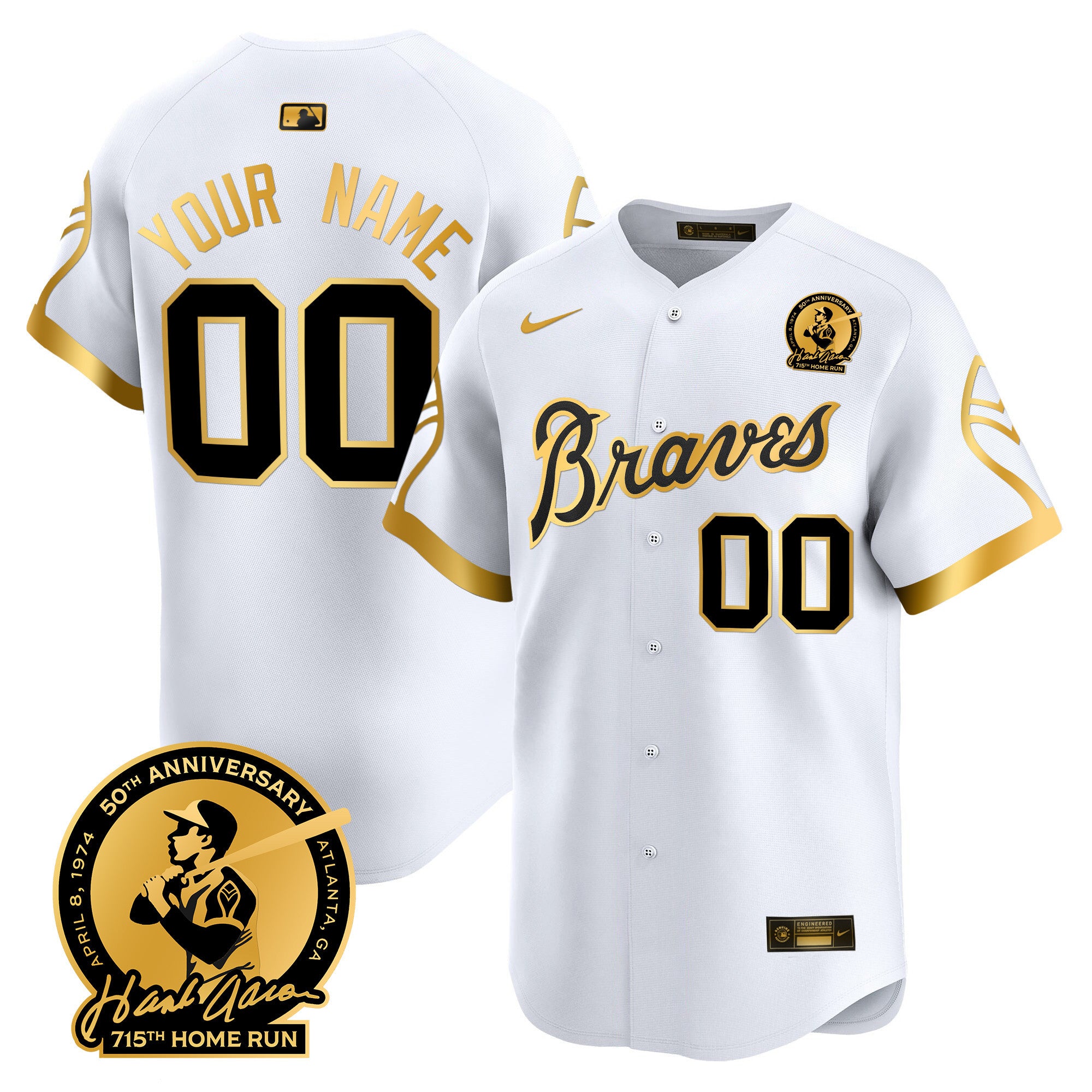 Atlanta Braves Throwback 1974 - 1982 Vapor Premier Limited Custom Jersey - All Stitched - Men, 1974 White Gold