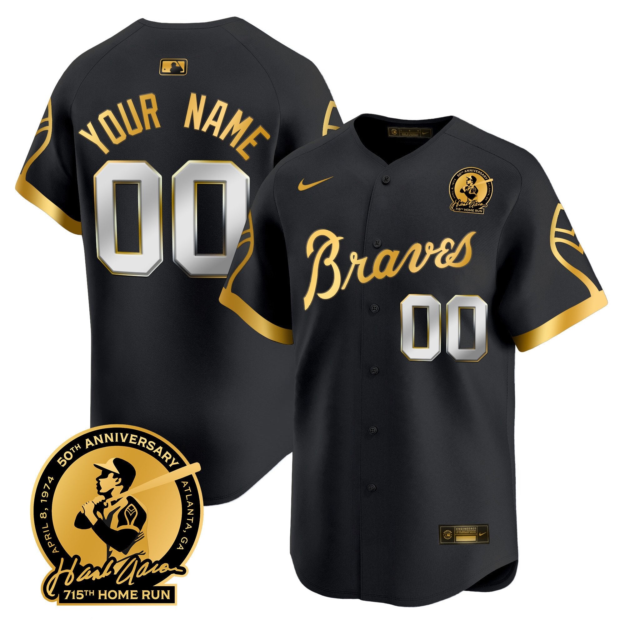 Atlanta Braves Throwback 1974 - 1982 Vapor Premier Limited Custom Jersey - All Stitched - Men, 1974 Black Gold