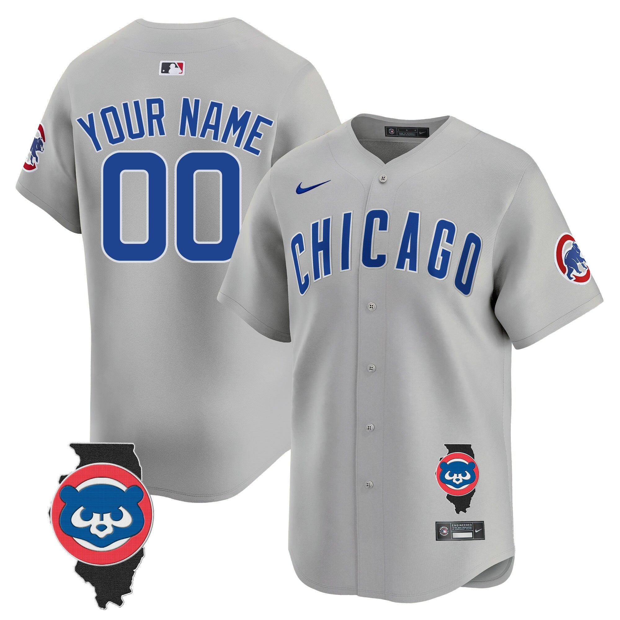 Chicago Cubs Illinois Patch Vapor Premier Limited Custom Jersey - All Stitched - Men, Gray Road