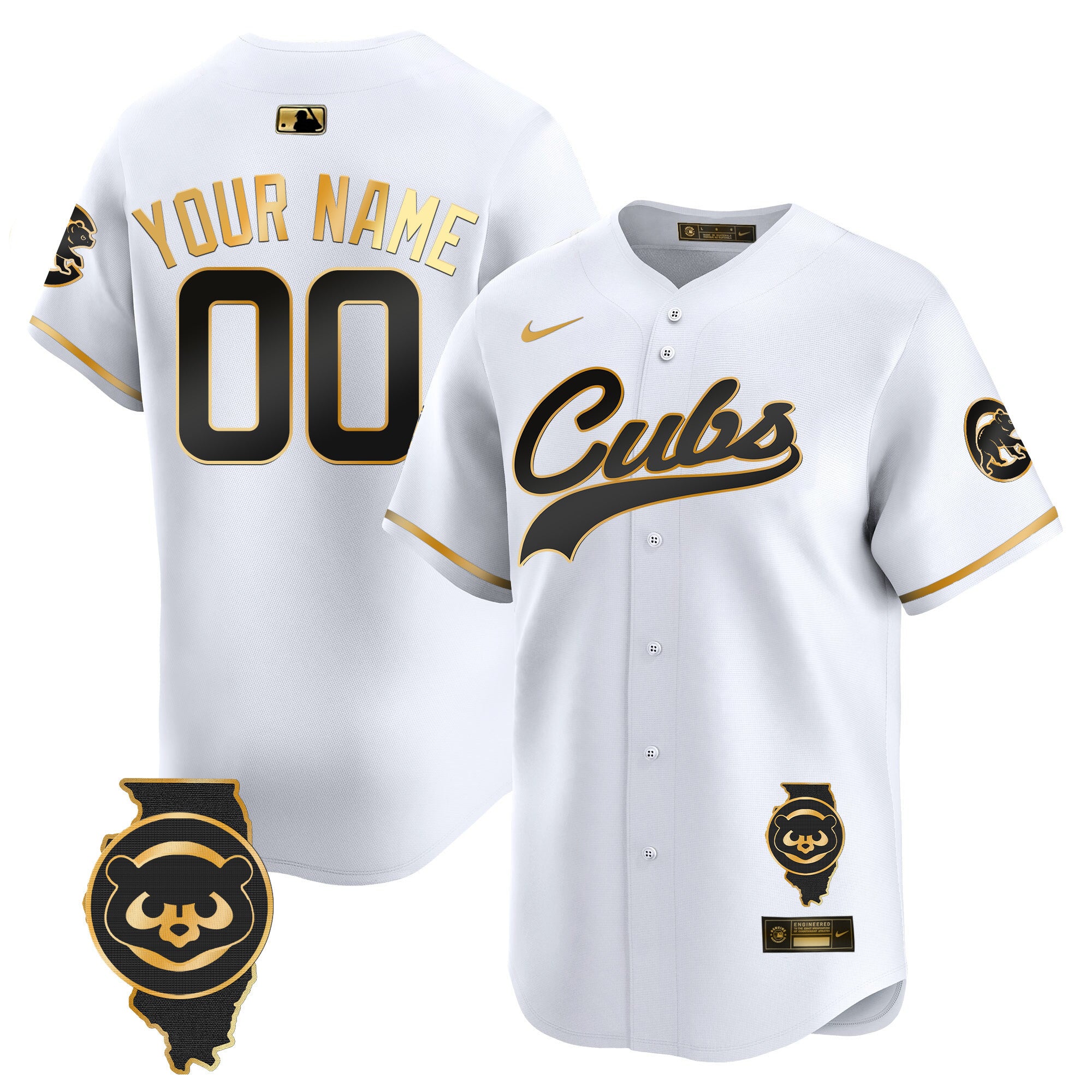 Chicago Cubs Illinois Patch Vapor Premier Limited Custom Jersey - All Stitched - Men, White Gold