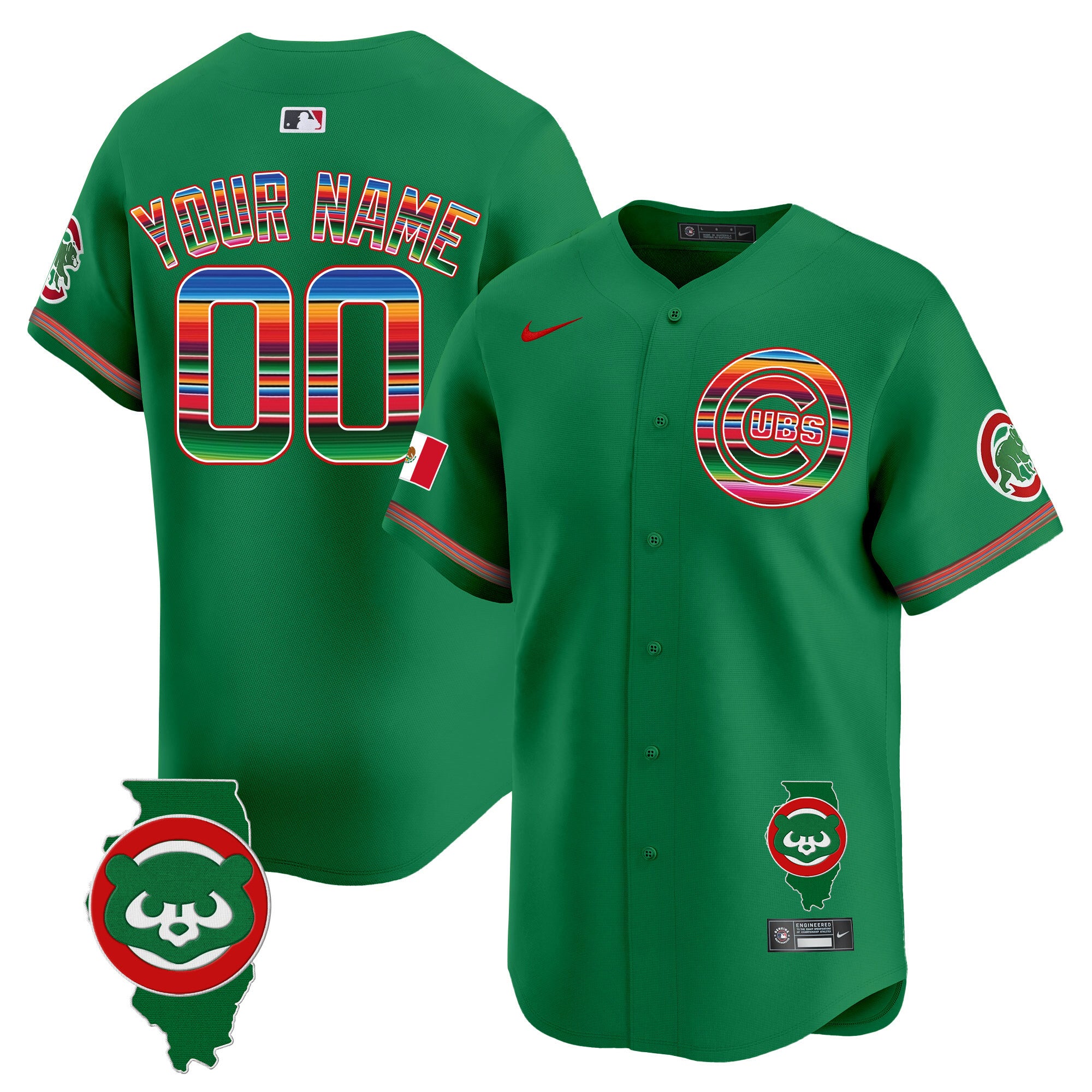 Chicago Cubs Mexico Illinois Patch Vapor Premier Limited Custom Jersey - All Stitched - Men, Green