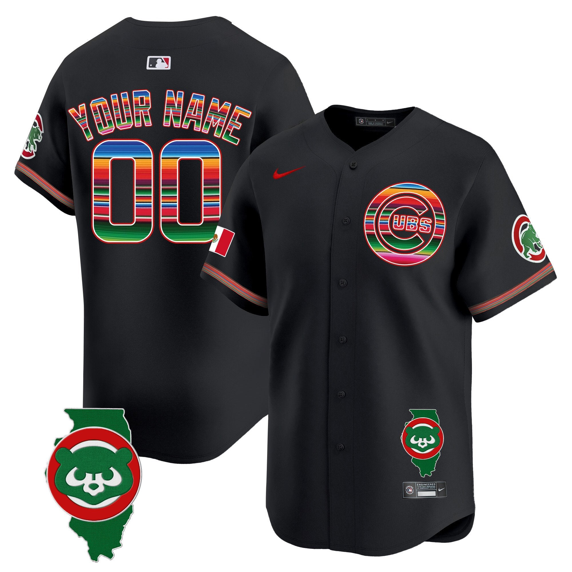 Chicago Cubs Mexico Illinois Patch Vapor Premier Limited Custom Jersey - All Stitched - Men, Black