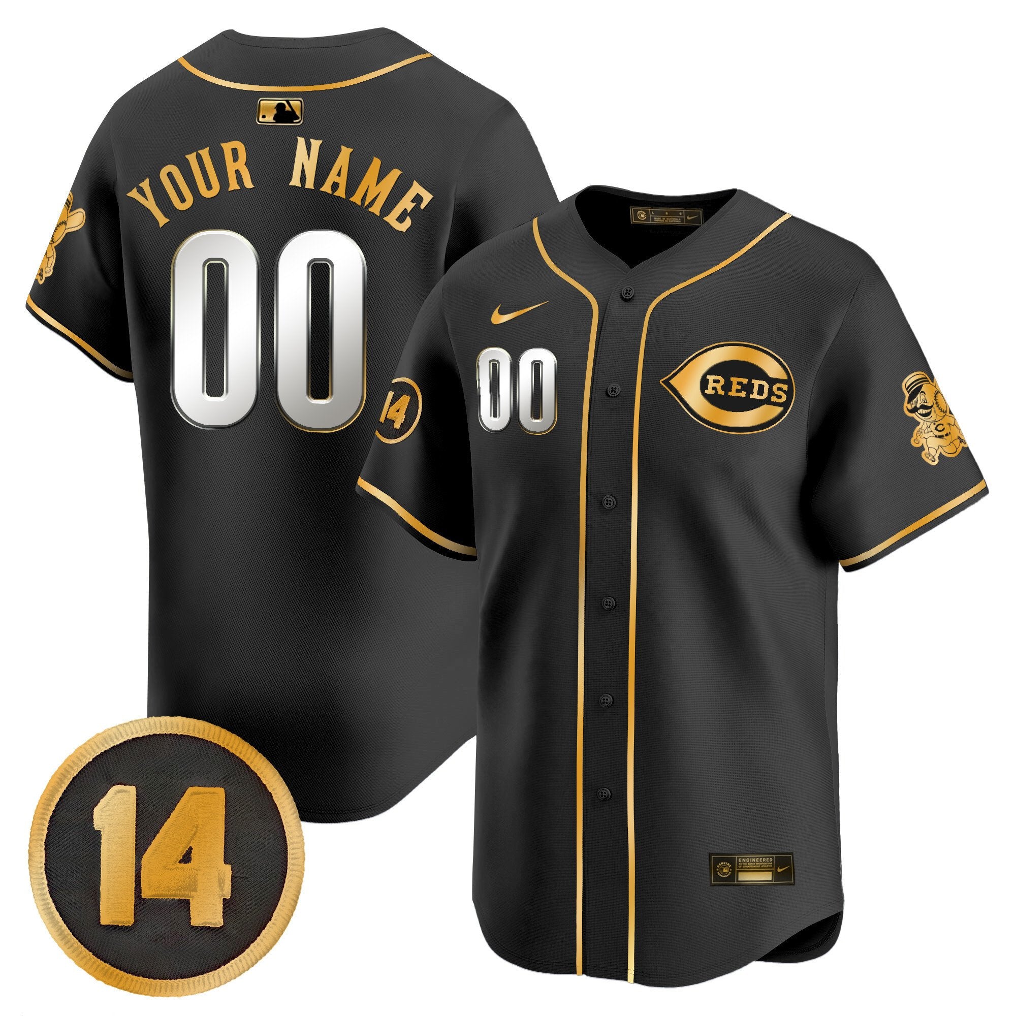 Cincinnati Reds Pete Rose Patch Vapor Premier Limited Custom Jersey - All Stitched - Men, Black Gold