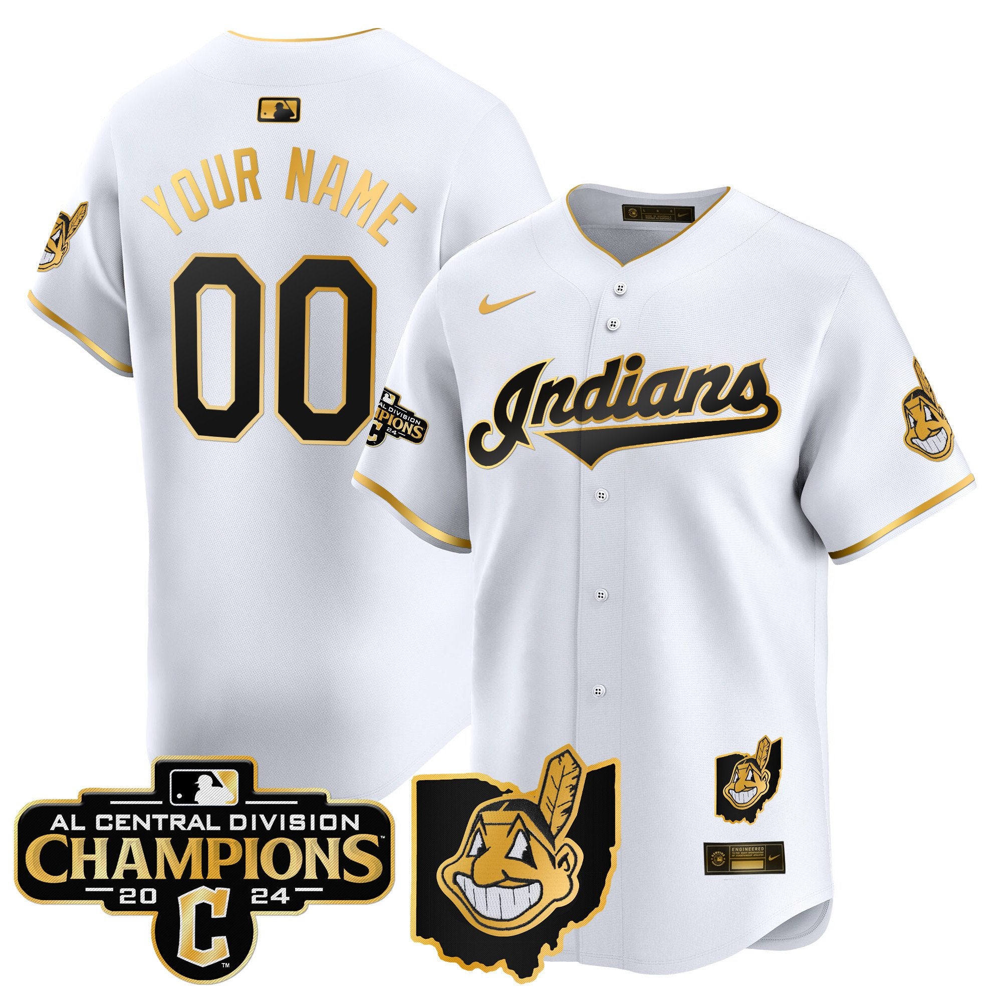 Cleveland Indians 2024 AL Central Division Champions Vapor Premier Limited Custom Jersey - All Stitched - Men, White Gold