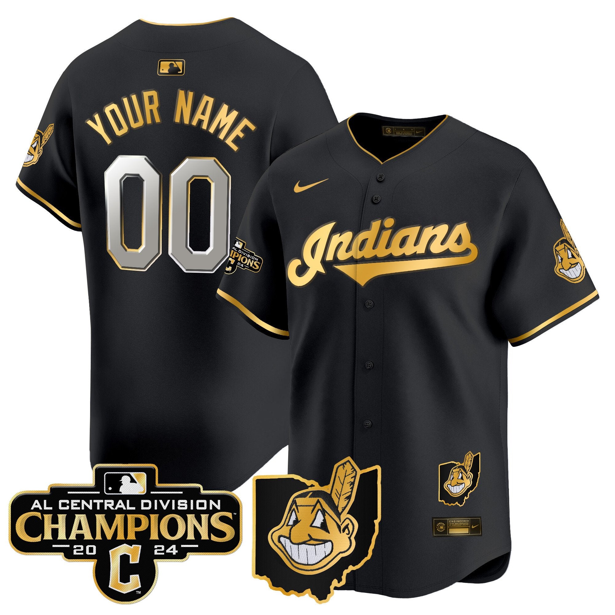 Cleveland Indians 2024 AL Central Division Champions Vapor Premier Limited Custom Jersey - All Stitched - Men, Black Gold