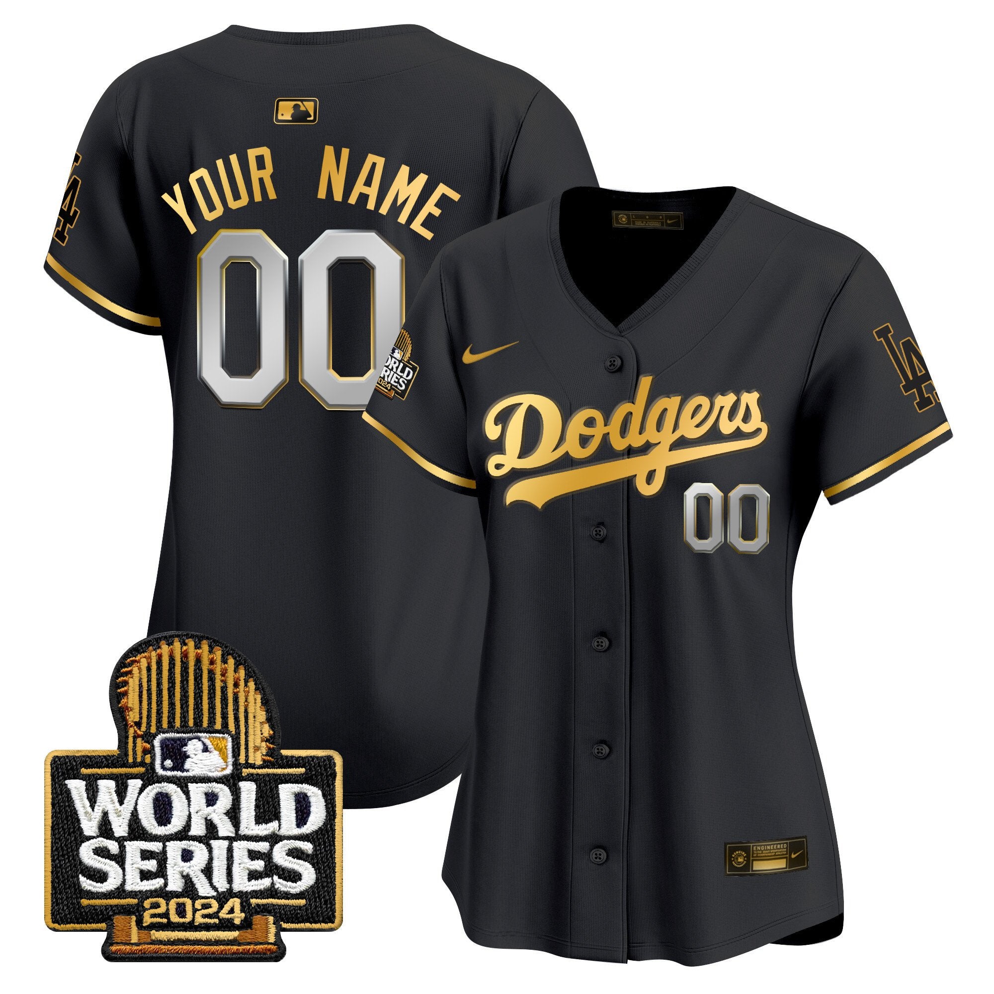 Dodgers 2024 World Series Vapor Premier Limited Custom Jersey - All Stitched - Women, Black Gold