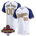 Men's Dodgers 2024 World Series Champions Gold Trim Vapor Premier Limited Jersey V3 - All Stitched - White Gold, Fernando Valenzuela