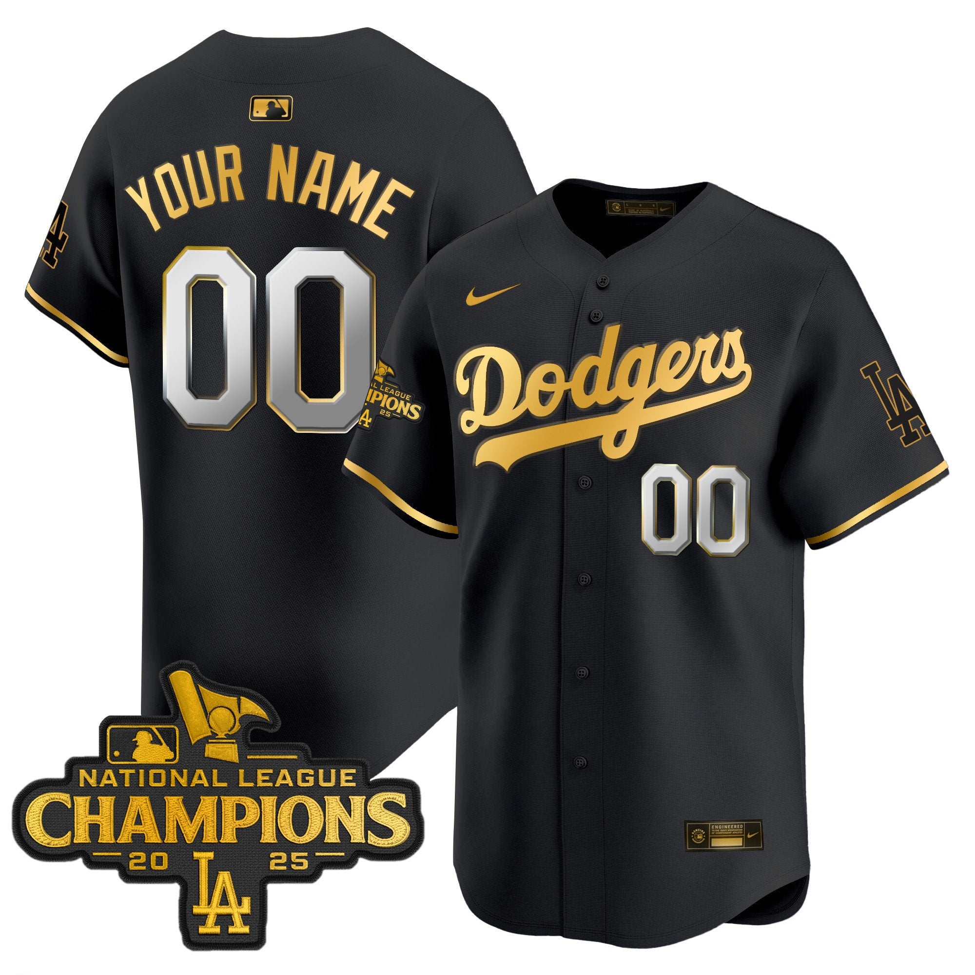 Dodgers 2025 National League Champions Vapor Premier Limited Custom Jersey - All Stitched - Men, Black Gold
