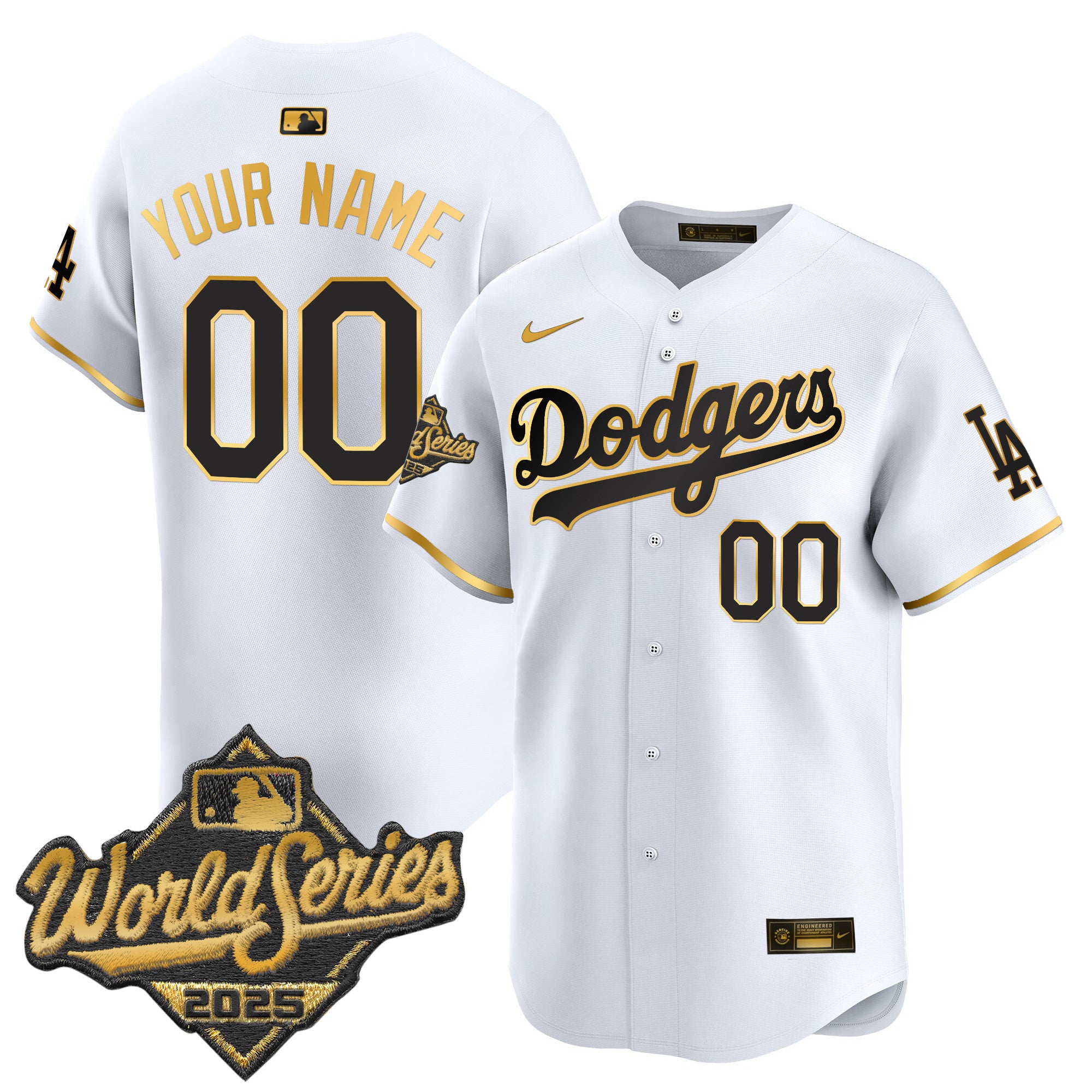 Dodgers 2025 World Series Vapor Premier Limited Custom Jersey - All Stitched - Men, White Gold