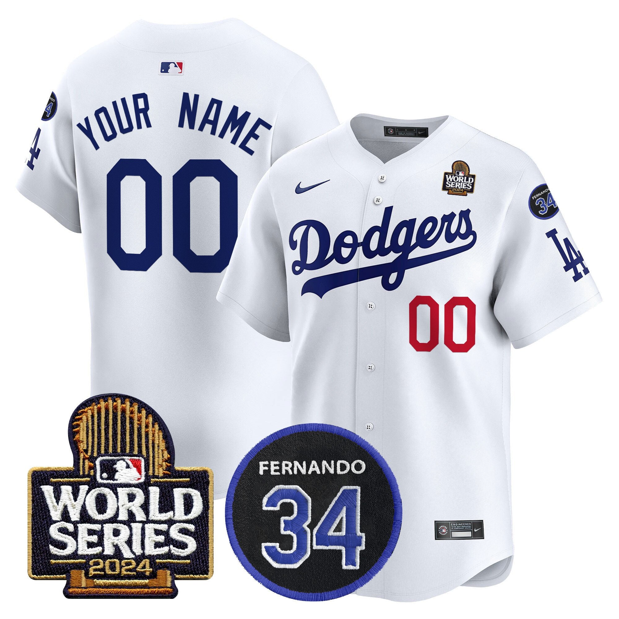 Dodgers Fernando Memorial & 2024 World Series Patch Vapor Premier Limited Custom Jersey V2 - All Stitched - Men, White