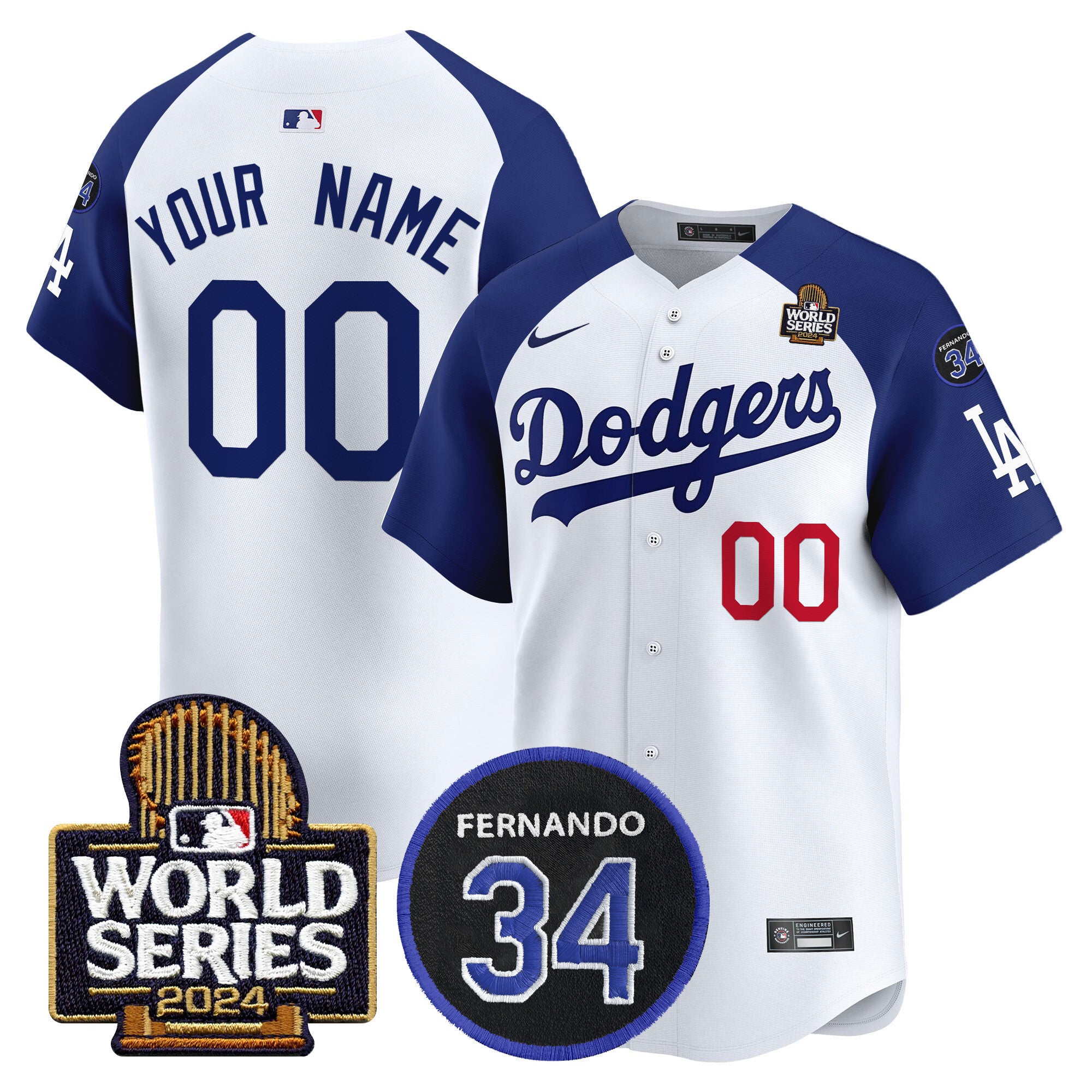 Dodgers Fernando Memorial & 2024 World Series Patch Vapor Premier Limited Custom Jersey V2 - All Stitched - Men, Alternate White