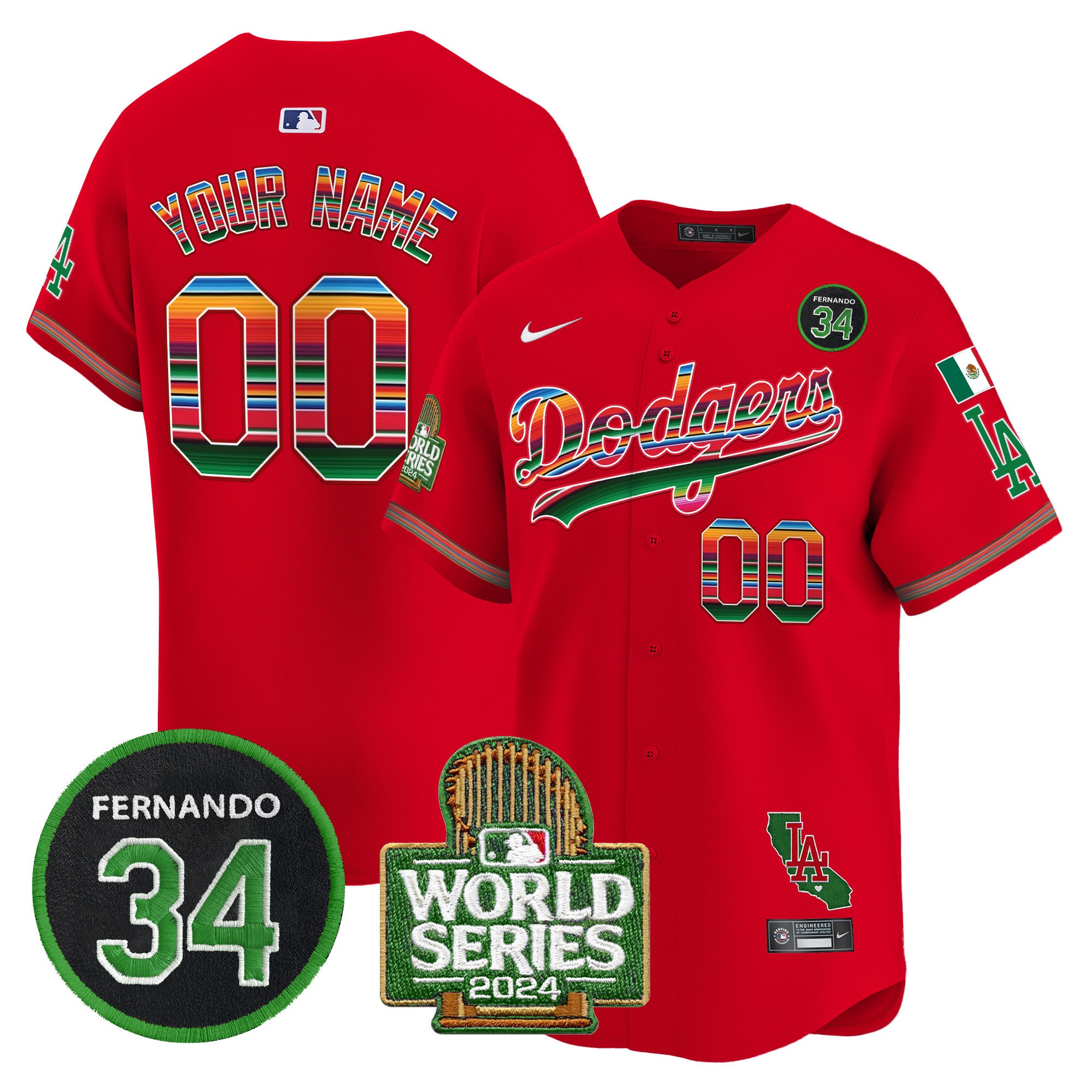 Dodgers Mexico Fernando Memorial & 2024 World Series Patch Vapor Premier Limited Custom Jersey - All Stitched - Men, Red