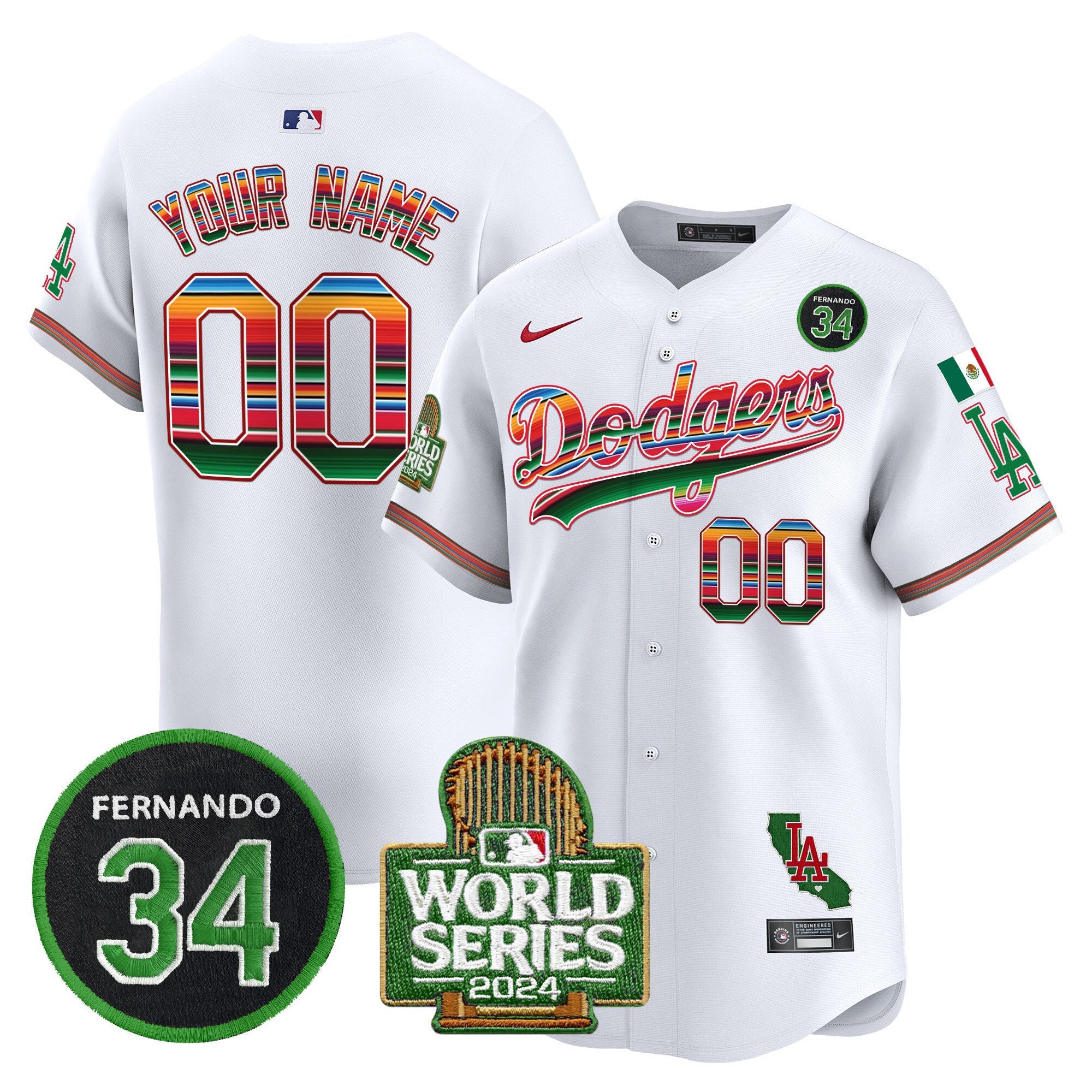 Dodgers Mexico Fernando Memorial & 2024 World Series Patch Vapor Premier Limited Custom Jersey - All Stitched - Men, White