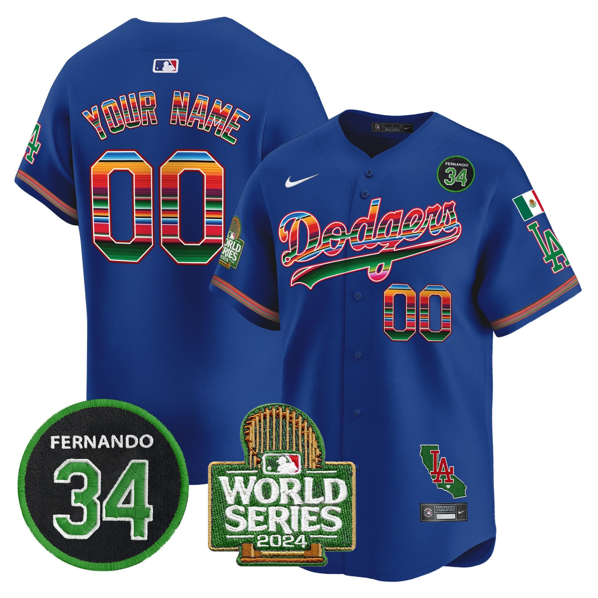 Dodgers Mexico Fernando Memorial & 2024 World Series Patch Vapor Premier Limited Custom Jersey - All Stitched - Men, Royal