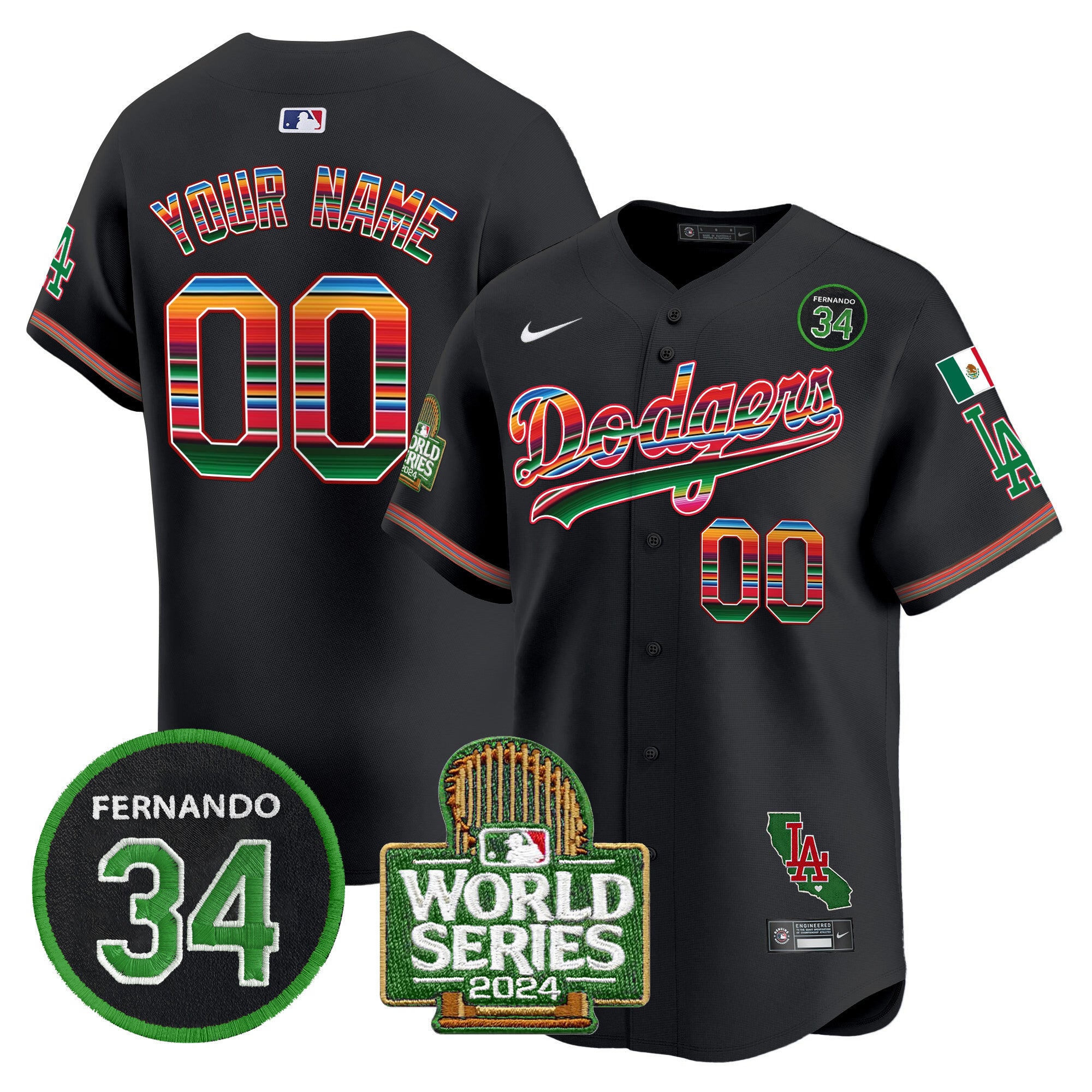 Dodgers Mexico Fernando Memorial & 2024 World Series Patch Vapor Premier Limited Custom Jersey - All Stitched - Men, Black