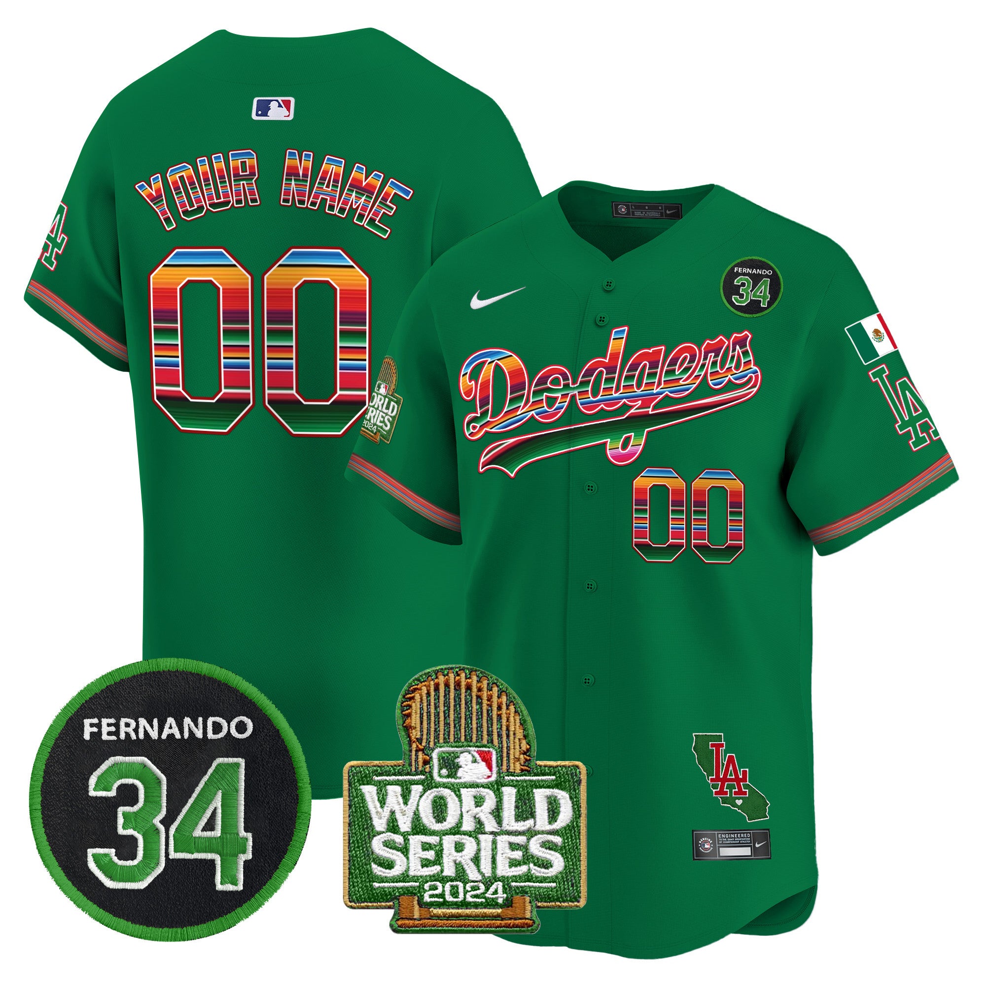 Dodgers Mexico Fernando Memorial & 2024 World Series Patch Vapor Premier Limited Custom Jersey - All Stitched - Men, Green