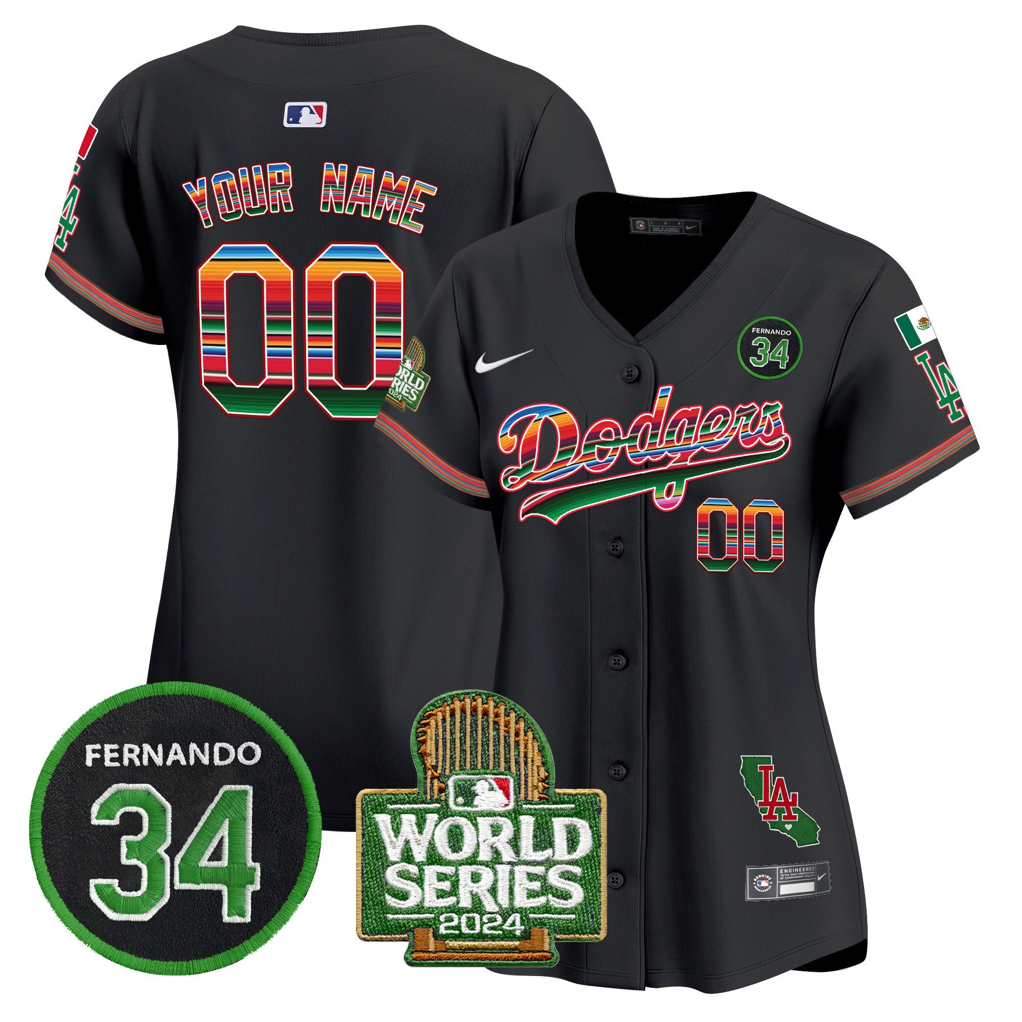 Dodgers Mexico Fernando Memorial & 2024 World Series Patch Vapor Premier Limited Custom Jersey - All Stitched - Women, Black