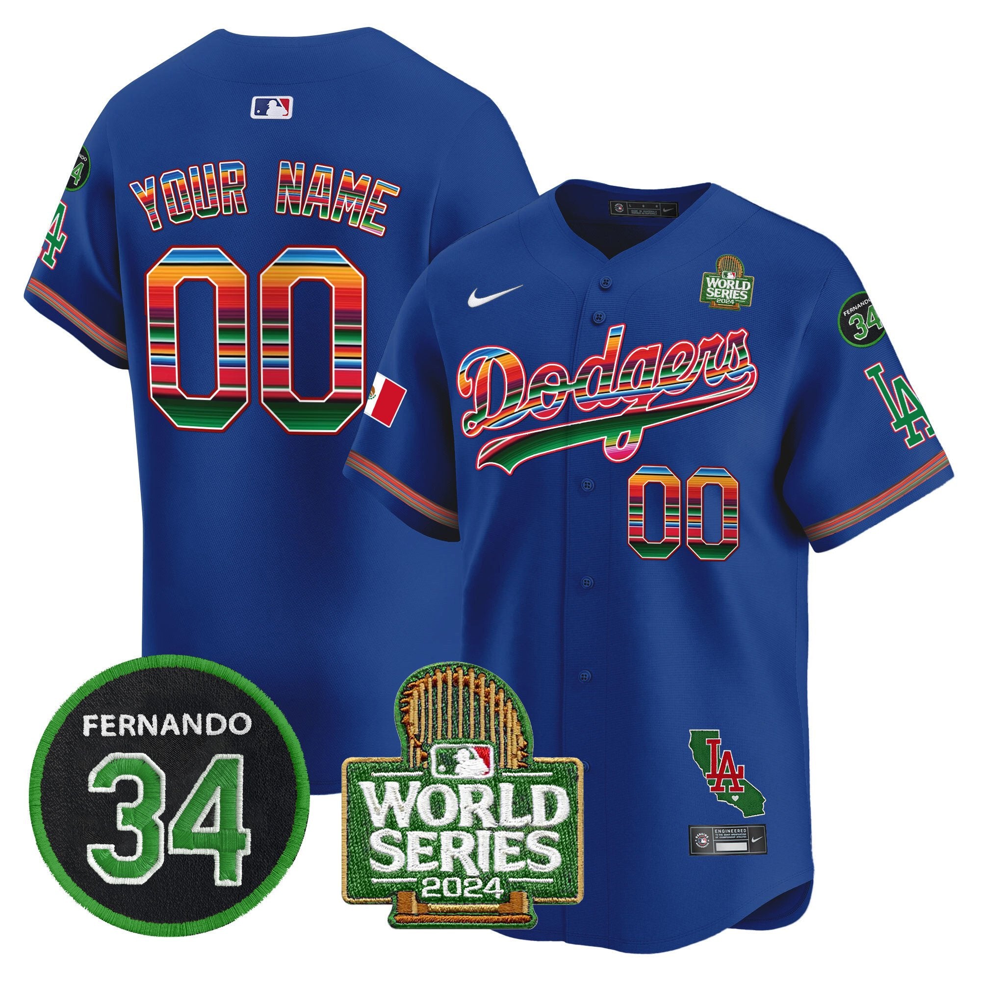 Dodgers Mexico Fernando Memorial & 2024 World Series Patch Vapor Premier Limited Custom Jersey V2 - All Stitched - Men, Royal
