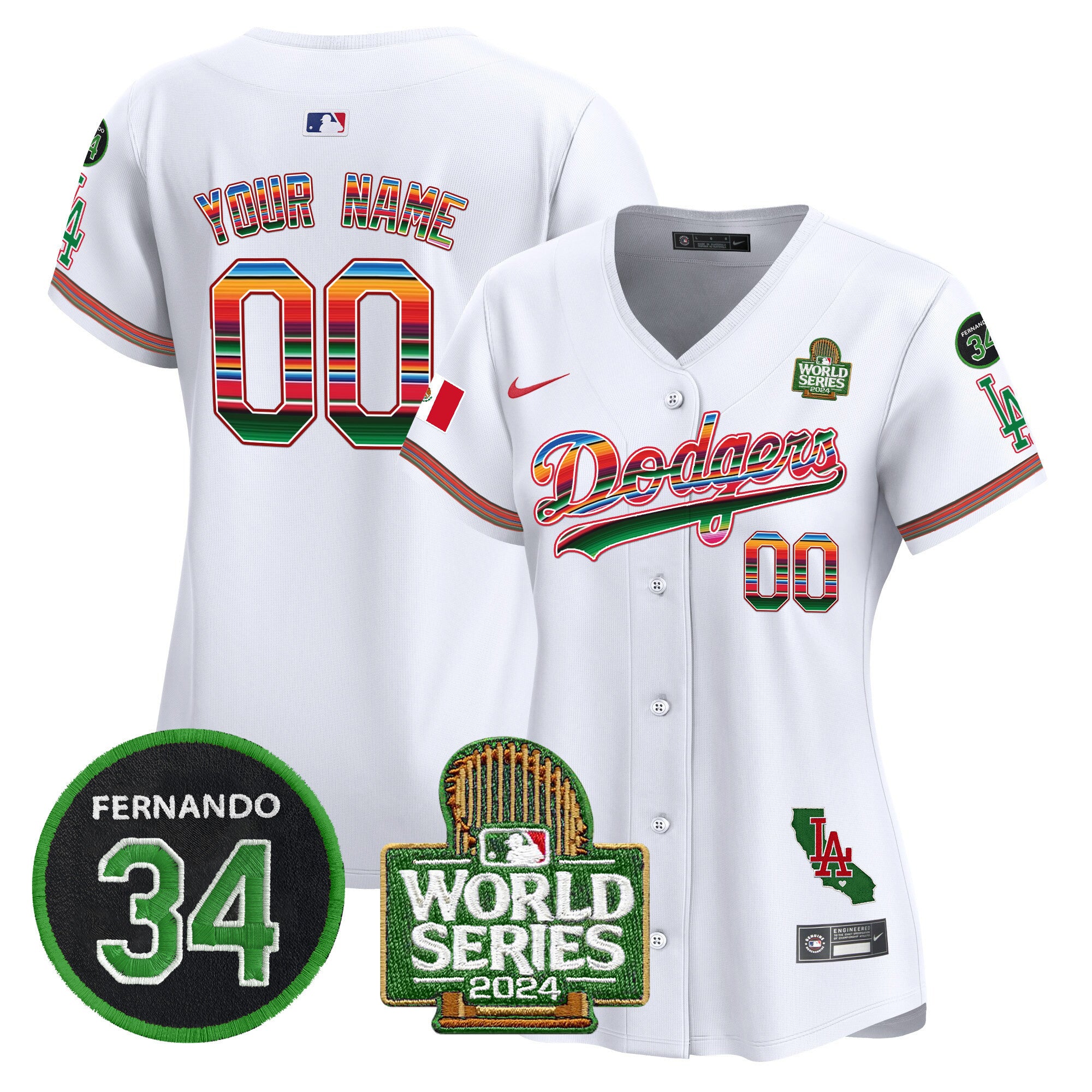 Dodgers Mexico Fernando Memorial & 2024 World Series Patch Vapor Premier Limited Custom Jersey V2 - All Stitched - Women, White