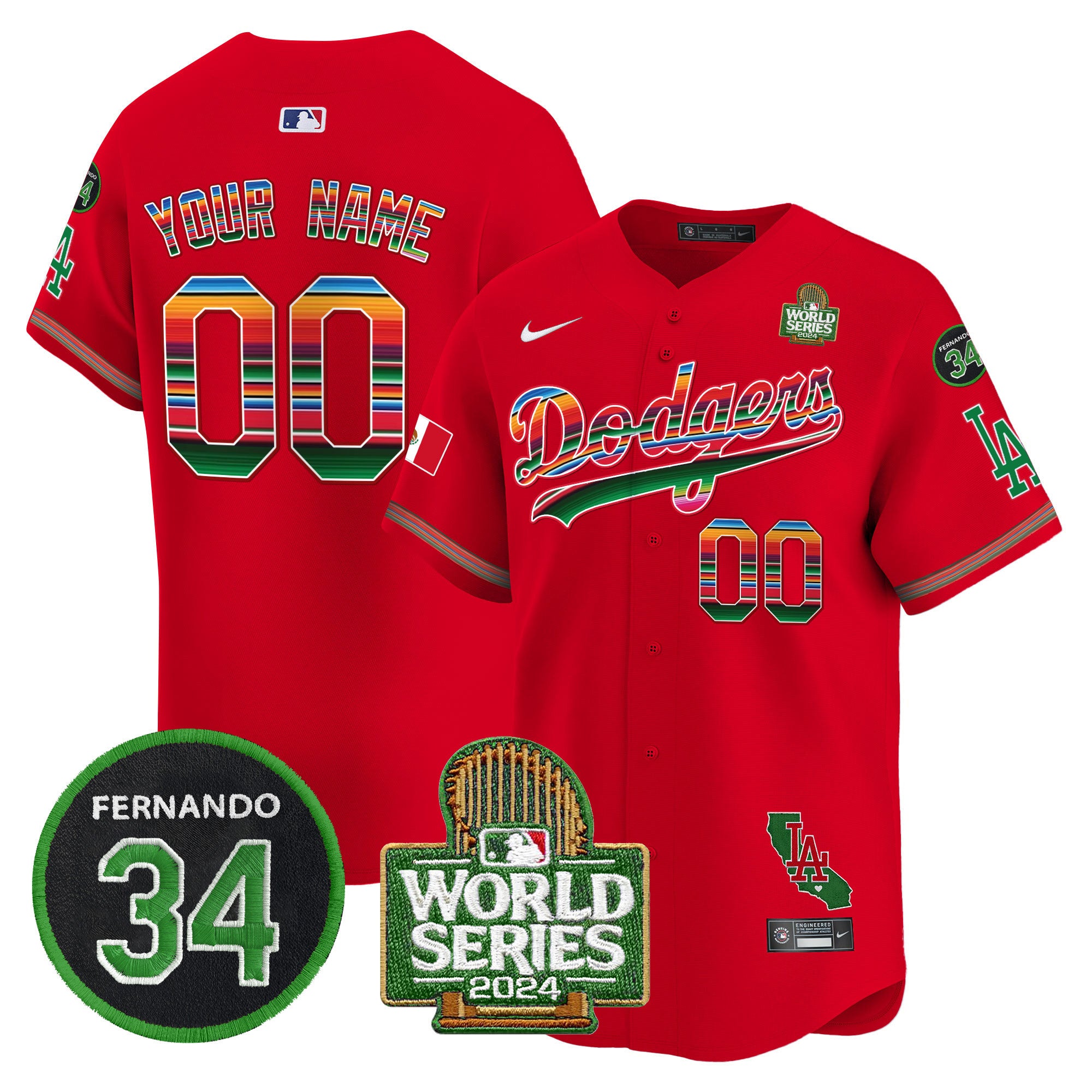 Dodgers Mexico Fernando Memorial & 2024 World Series Patch Vapor Premier Limited Custom Jersey V2 - All Stitched - Men, Red