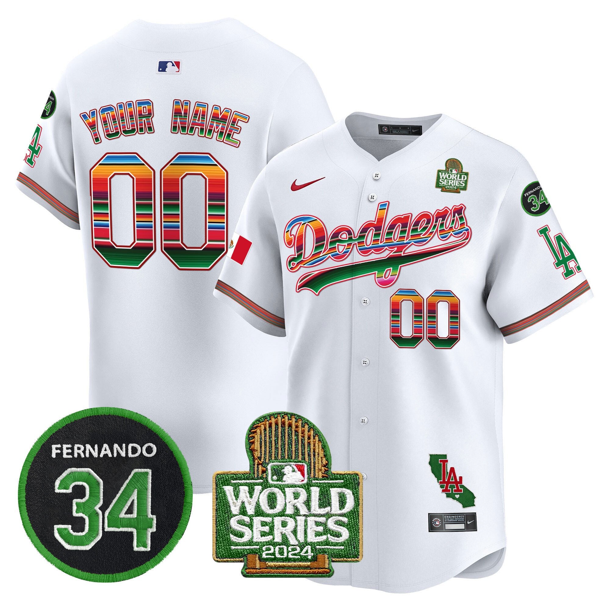 Dodgers Mexico Fernando Memorial & 2024 World Series Patch Vapor Premier Limited Custom Jersey V2 - All Stitched - Men, White