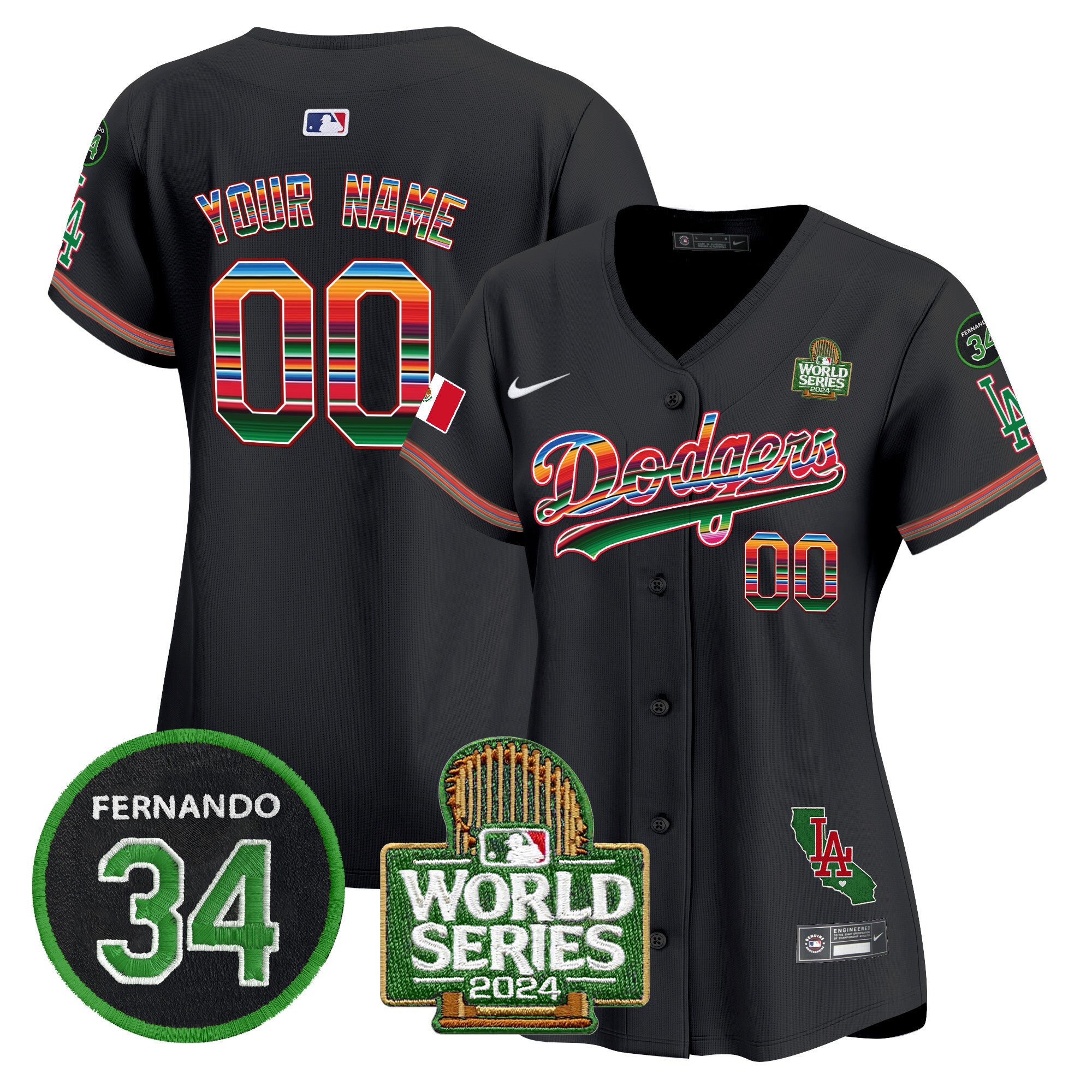 Dodgers Mexico Fernando Memorial & 2024 World Series Patch Vapor Premier Limited Custom Jersey V2 - All Stitched - Women, Black