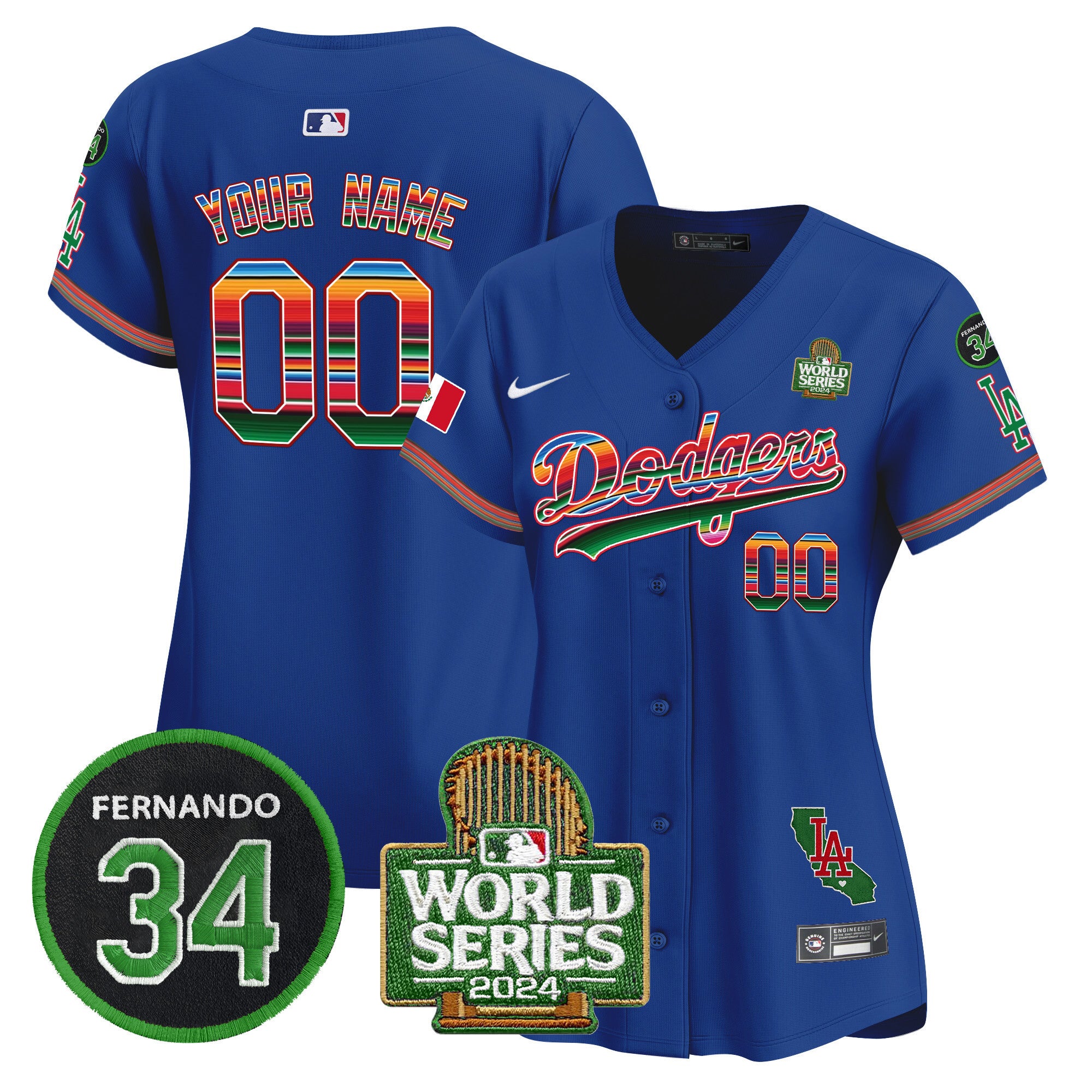 Dodgers Mexico Fernando Memorial & 2024 World Series Patch Vapor Premier Limited Custom Jersey V2 - All Stitched - Women, Royal