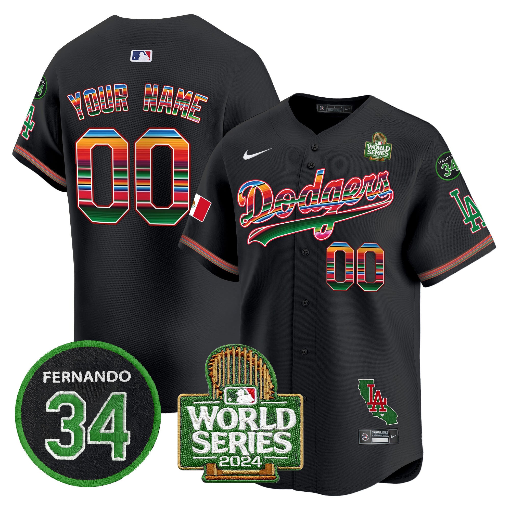 Dodgers Mexico Fernando Memorial & 2024 World Series Patch Vapor Premier Limited Custom Jersey V2 - All Stitched - Men, Black