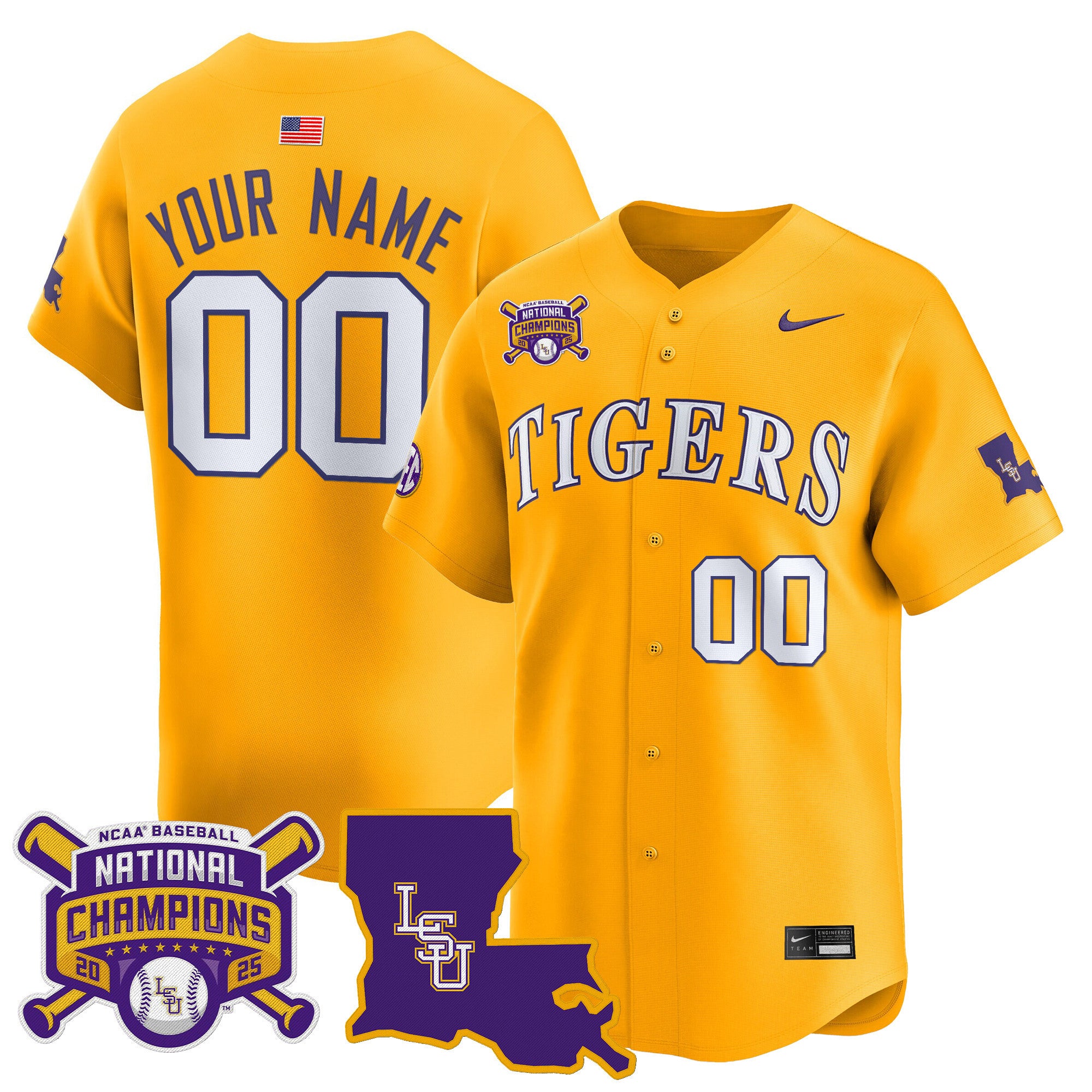LSU Tigers 2025 College World Series Champions Vapor Premier Limited Custom Jersey - All Stitched - Men, Gold