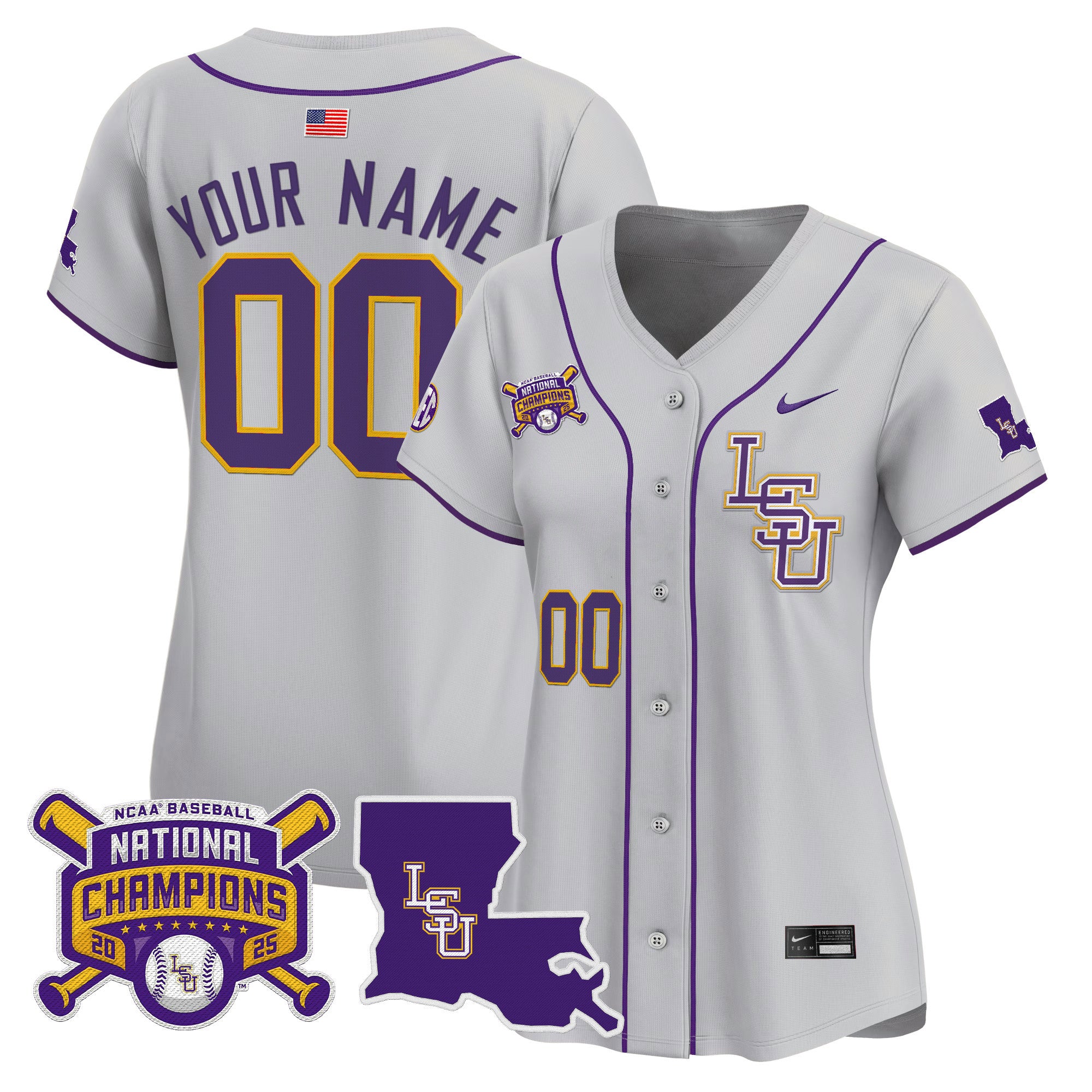 LSU Tigers 2025 College World Series Champions Vapor Premier Limited Custom Jersey - All Stitched - Women, Gray