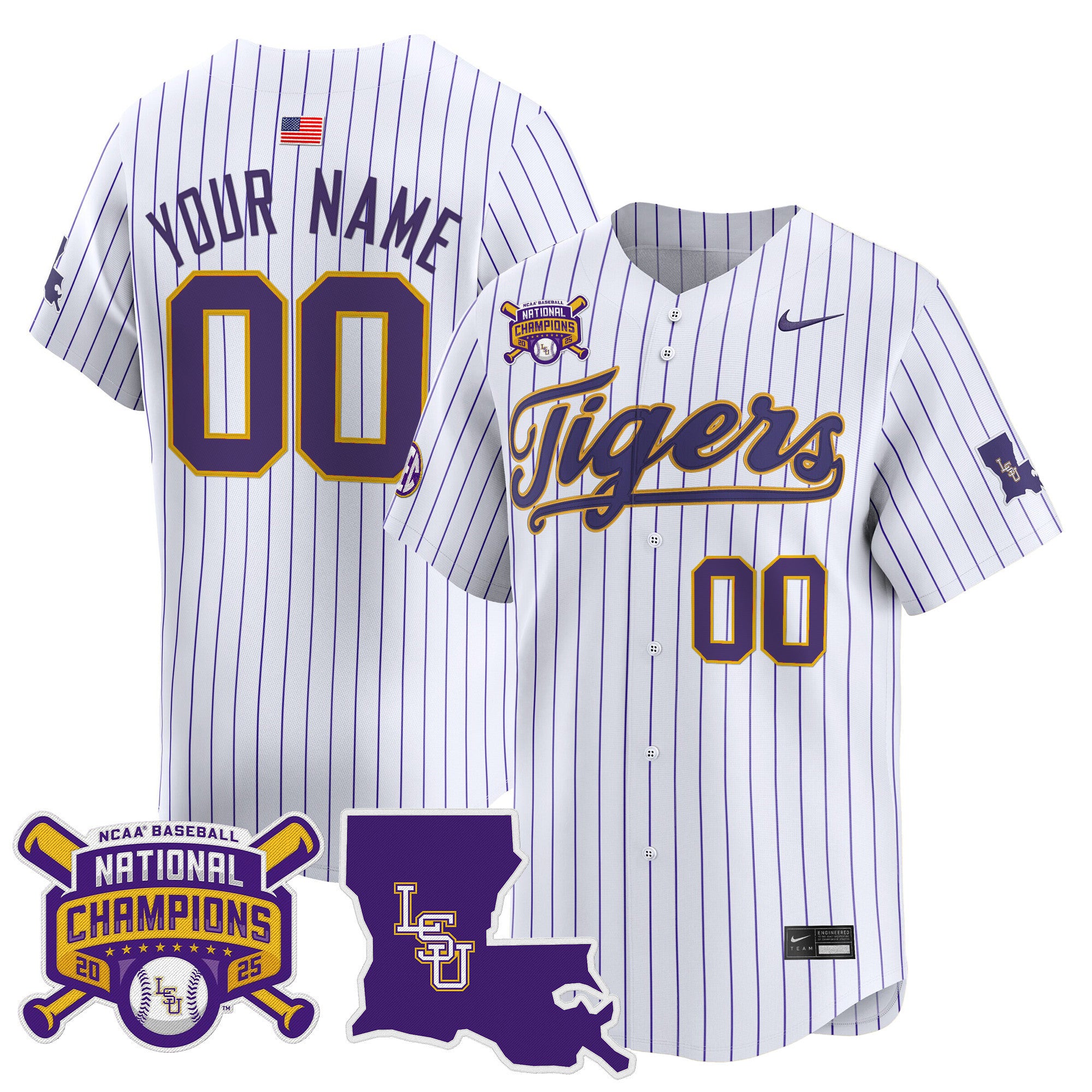 LSU Tigers 2025 College World Series Champions Vapor Premier Limited Custom Jersey - All Stitched - Youth, Pinstripe
