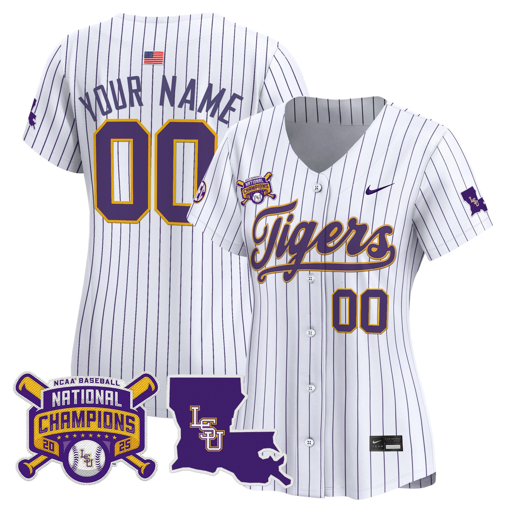 LSU Tigers 2025 College World Series Champions Vapor Premier Limited Custom Jersey - All Stitched - Women, Pinstripe