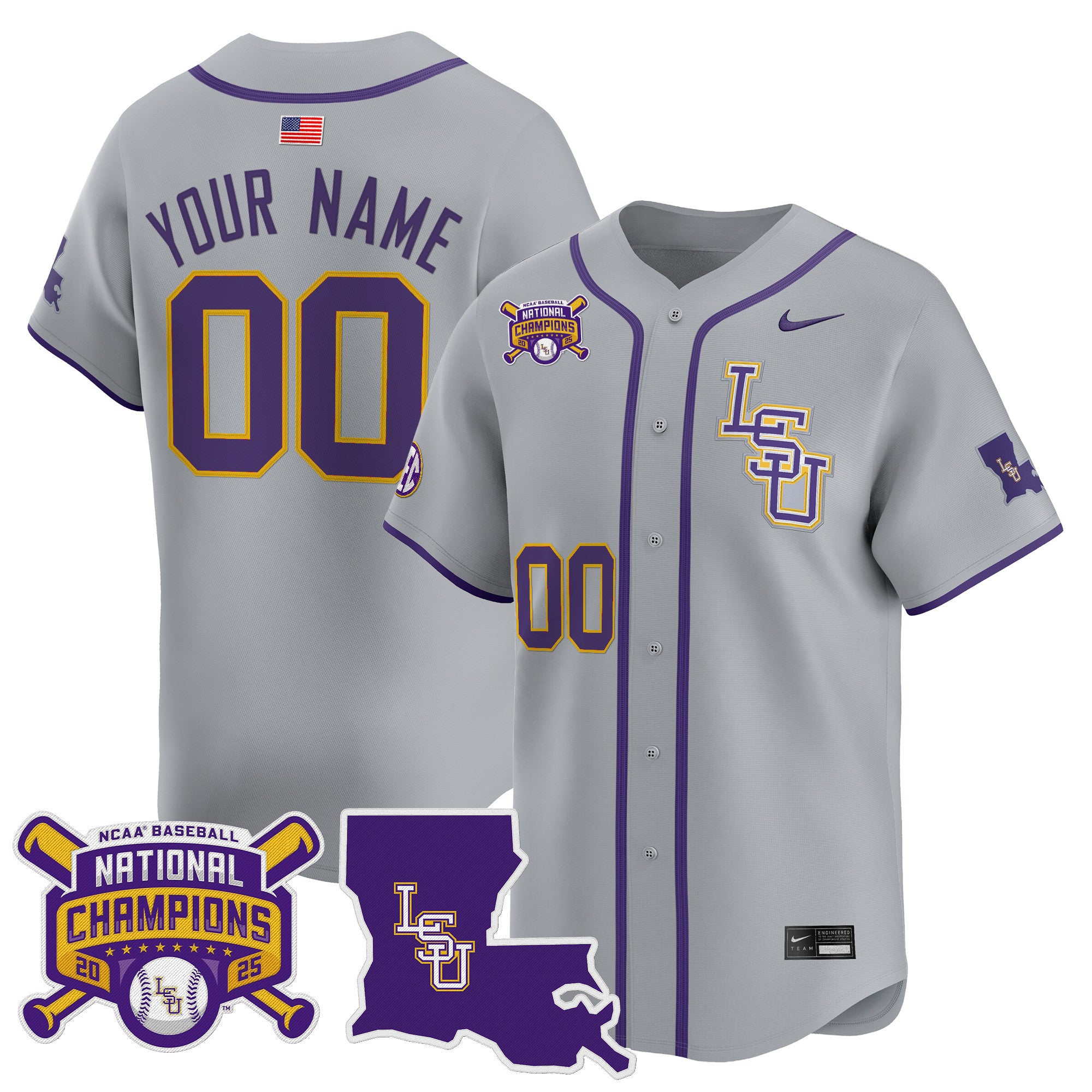 LSU Tigers 2025 College World Series Champions Vapor Premier Limited Custom Jersey - All Stitched - Men, Gray
