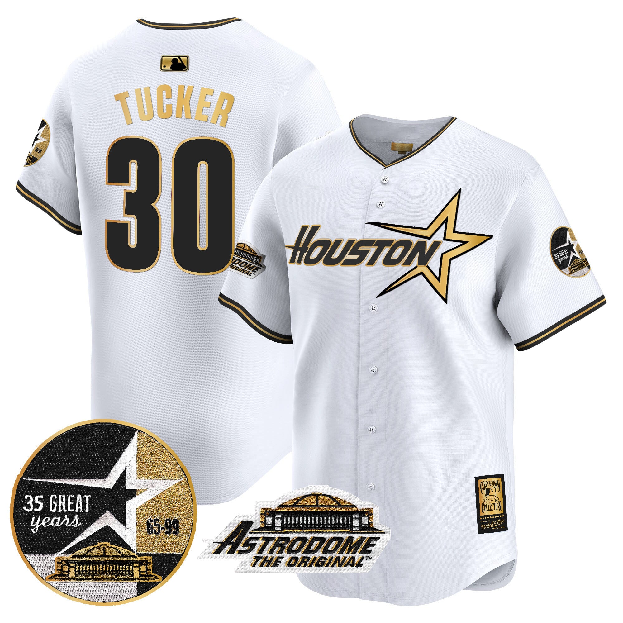 Men's Astros 1999 Throwback 35th & Astrodome Patch Vapor Premier Limited Jersey V2 - All Stitched - White Gold, Kyle Tucker
