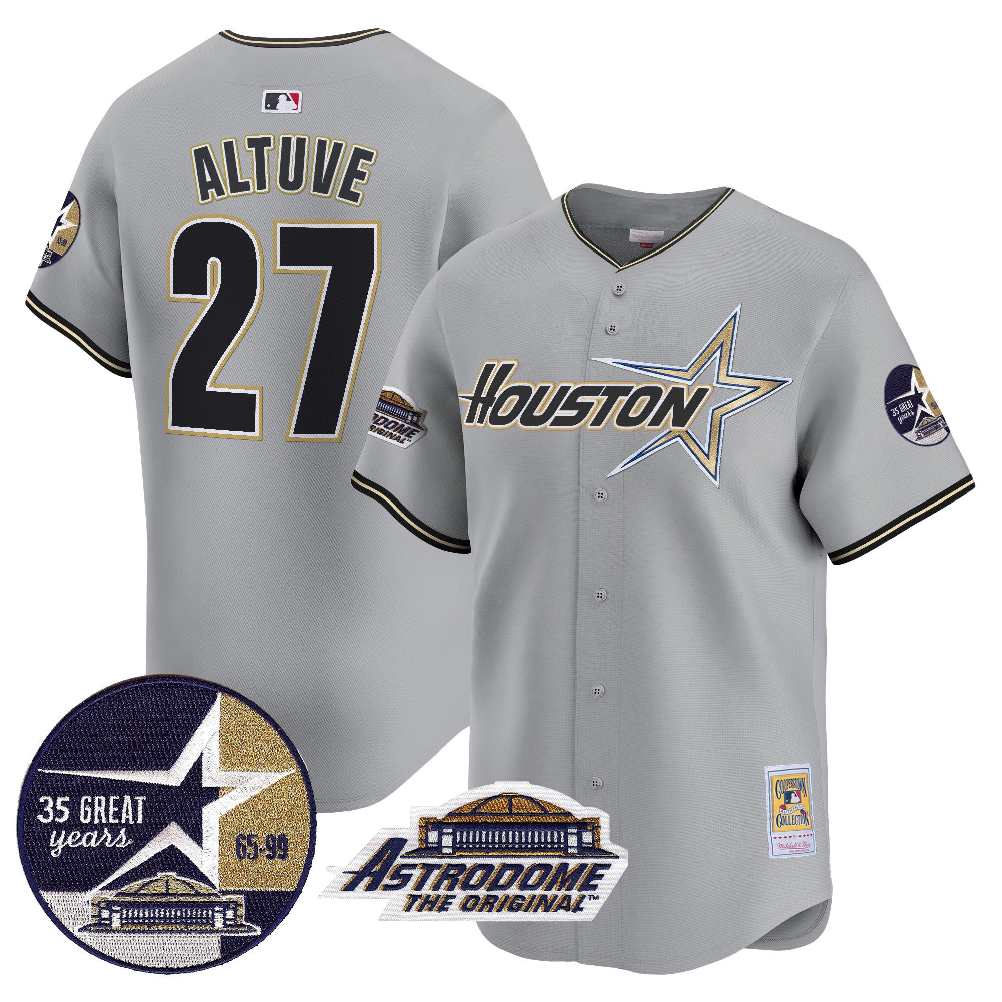 Men's Astros 1999 Throwback 35th & Astrodome Patch Vapor Premier Limited Jersey V2 - All Stitched - Gray, José Altuve