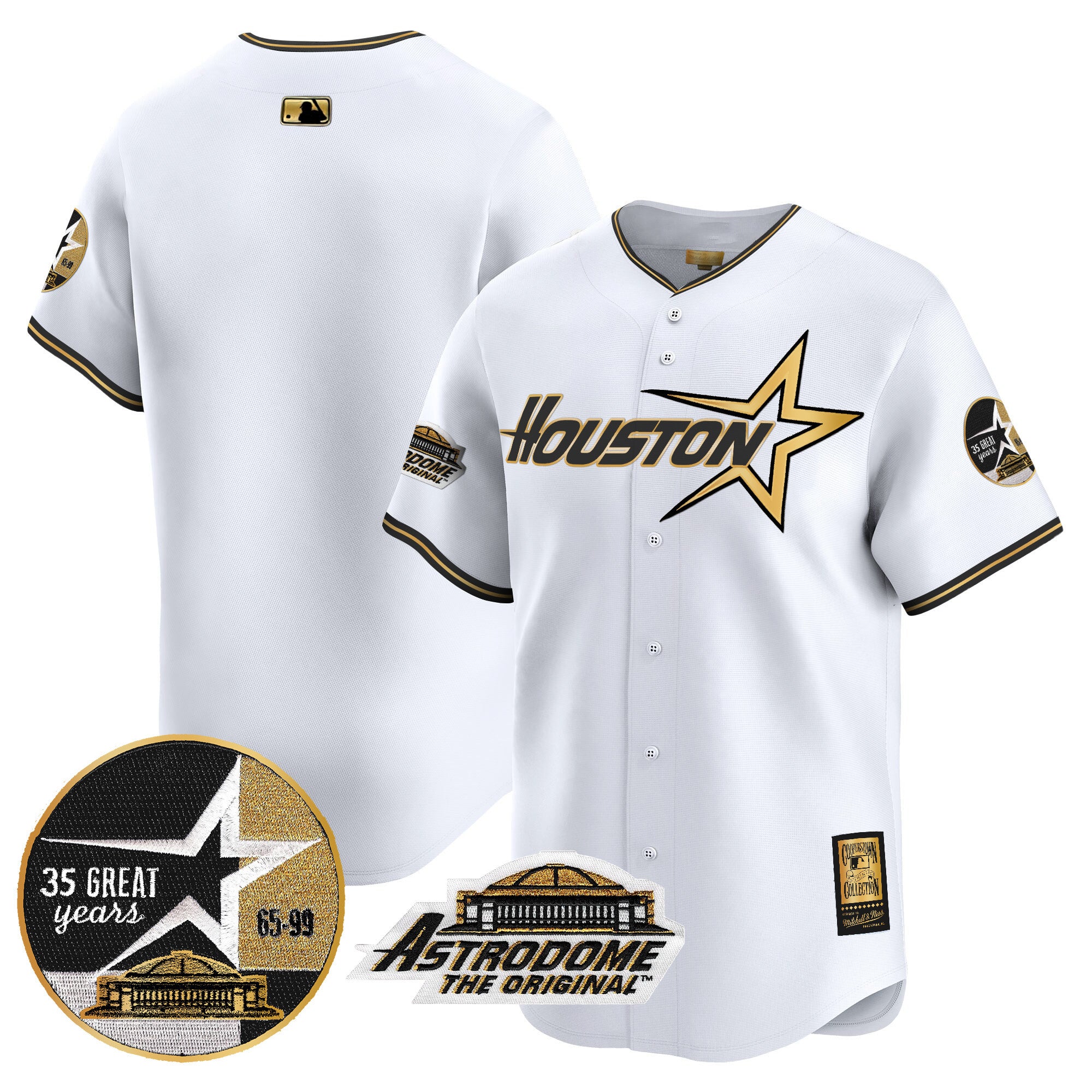 Men's Astros 1999 Throwback 35th & Astrodome Patch Vapor Premier Limited Jersey V2 - All Stitched - White Gold, Team