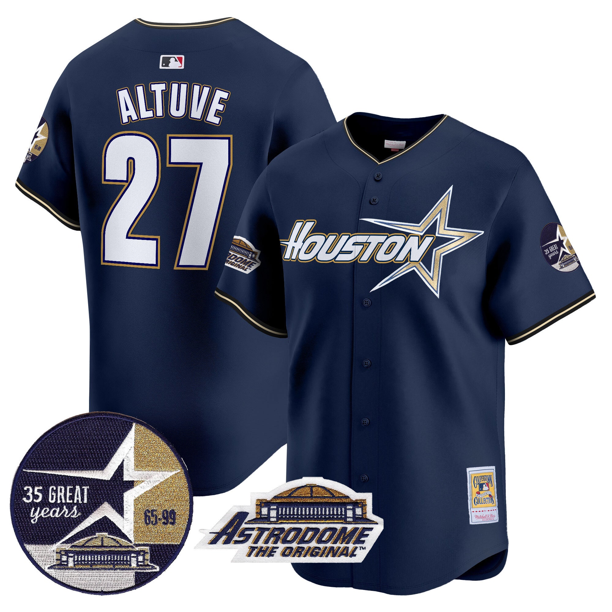 Men's Astros 1999 Throwback 35th & Astrodome Patch Vapor Premier Limited Jersey V2 - All Stitched - Navy, José Altuve